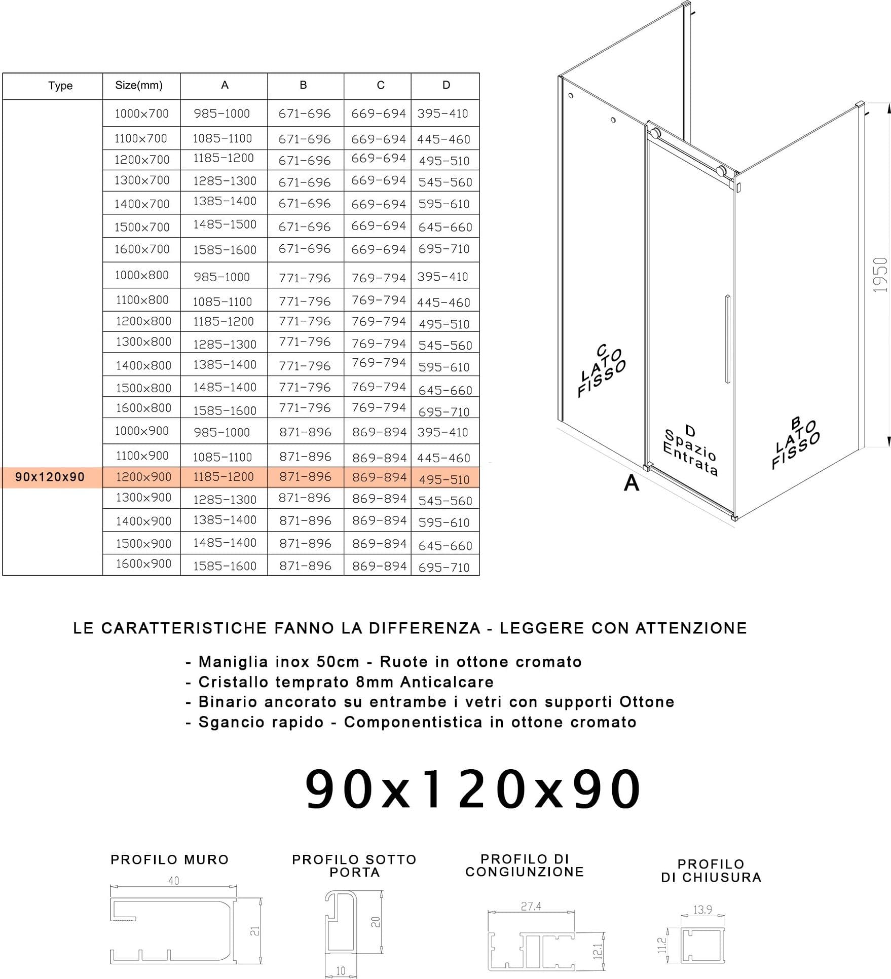 Box Doccia tre lati porta scorrevole trasparente H195cm 8mm anticalcare Euclide - 20