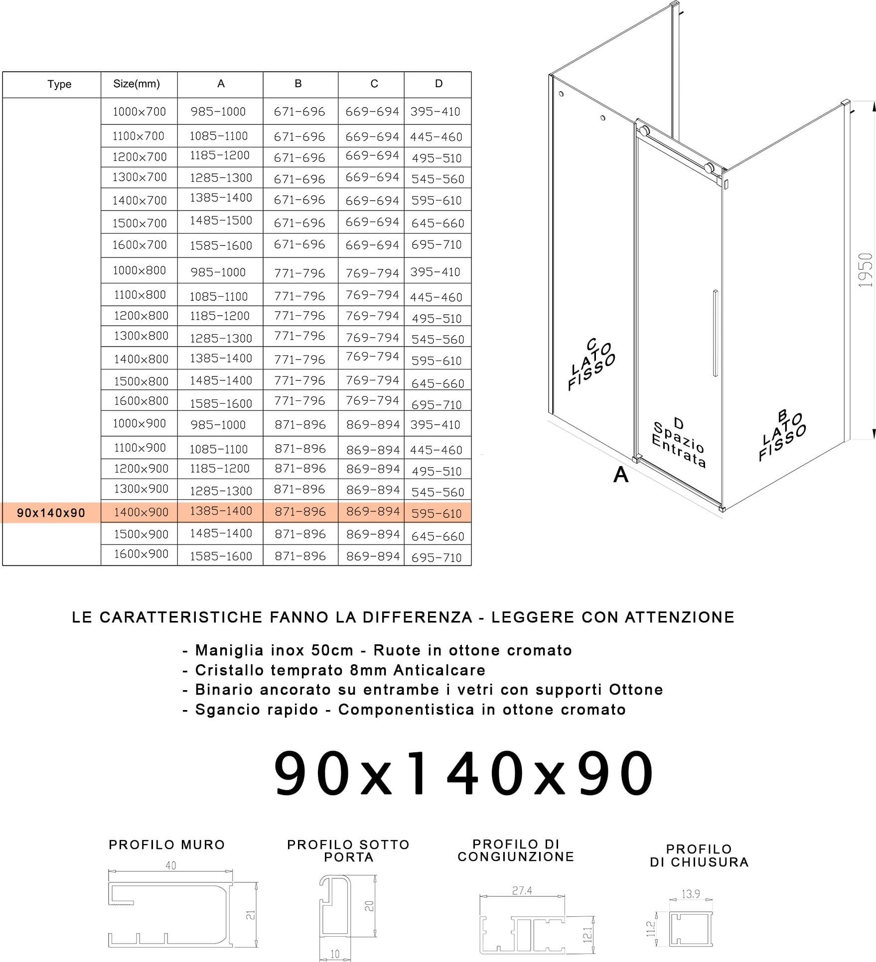 Box Doccia tre lati porta scorrevole trasparente H195cm 8mm anticalcare Euclide - 22