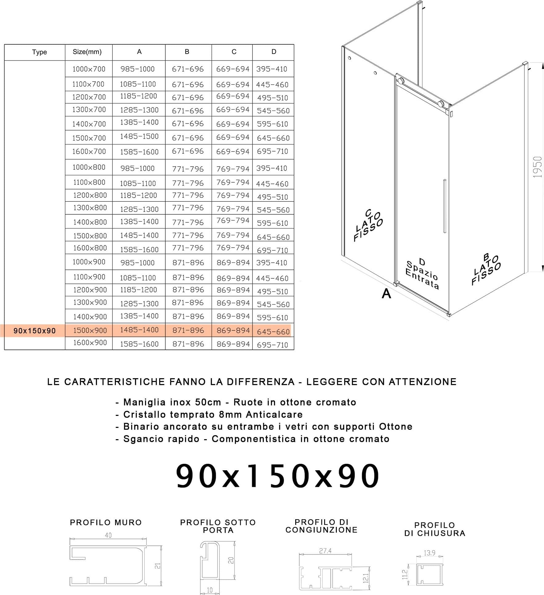 Box Doccia tre lati porta scorrevole trasparente H195cm 8mm anticalcare Euclide - 23