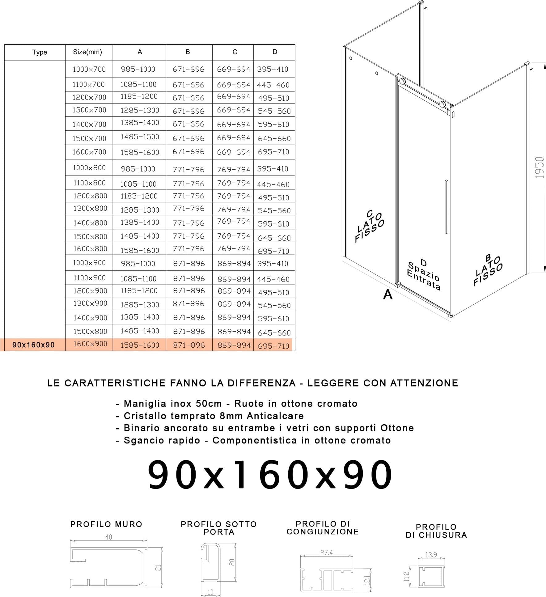 Box Doccia tre lati porta scorrevole trasparente H195cm 8mm anticalcare Euclide - 24