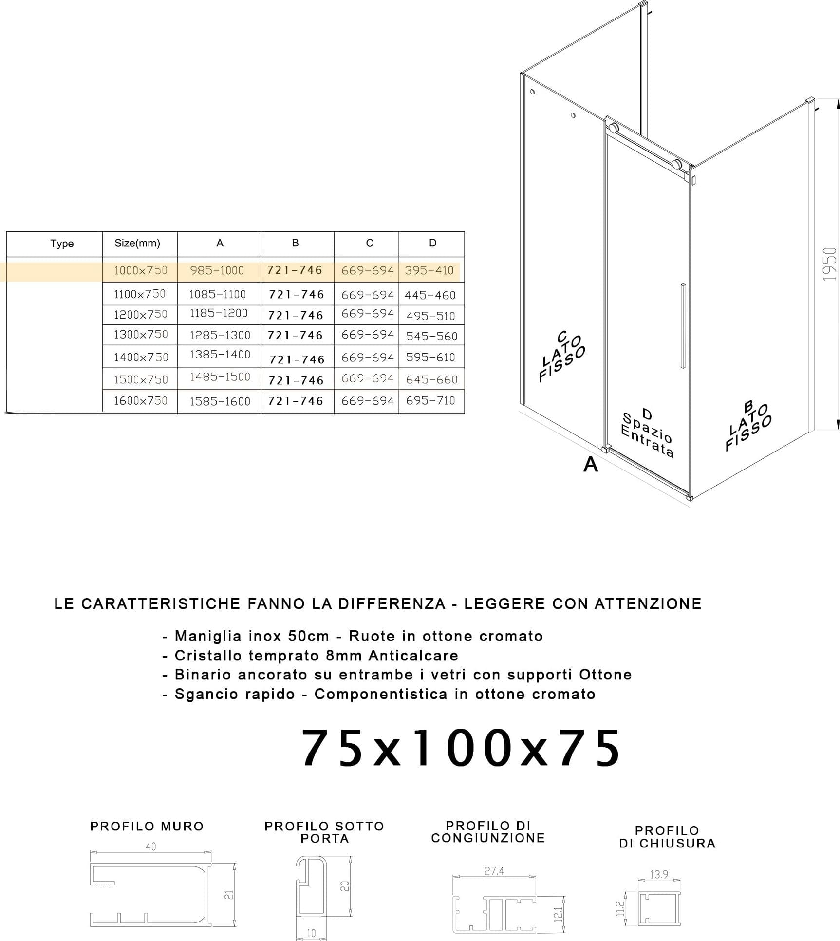 Box Doccia tre lati porta scorrevole trasparente H195cm 8mm anticalcare Euclide - 25
