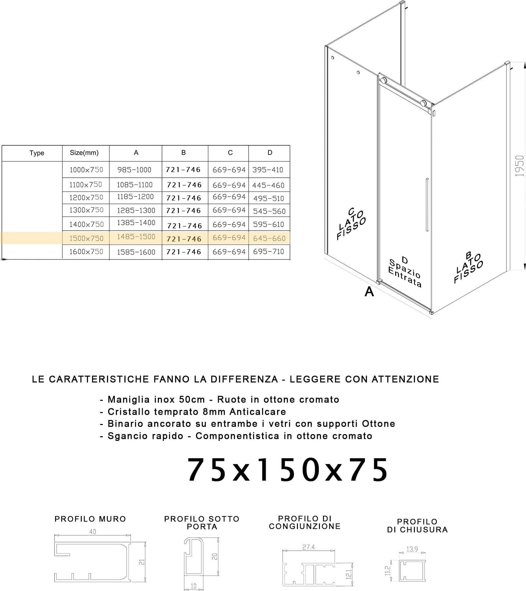 Box Doccia tre lati porta scorrevole trasparente H195cm 8mm anticalcare Euclide - 30