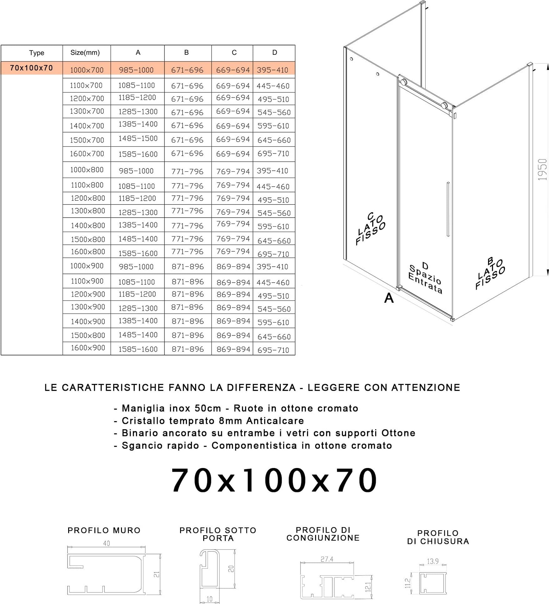 Box Doccia tre lati porta scorrevole trasparente H195cm 8mm anticalcare Euclide - 4