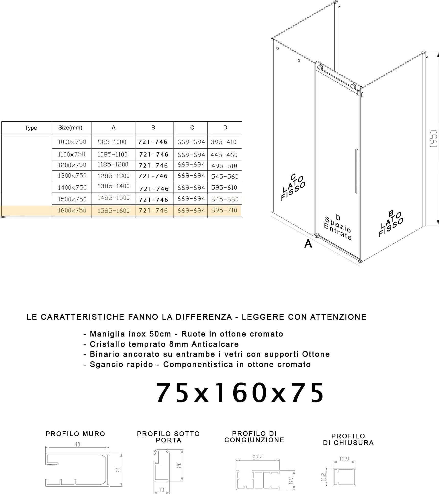 Box Doccia tre lati porta scorrevole trasparente H195cm 8mm anticalcare Euclide - 31