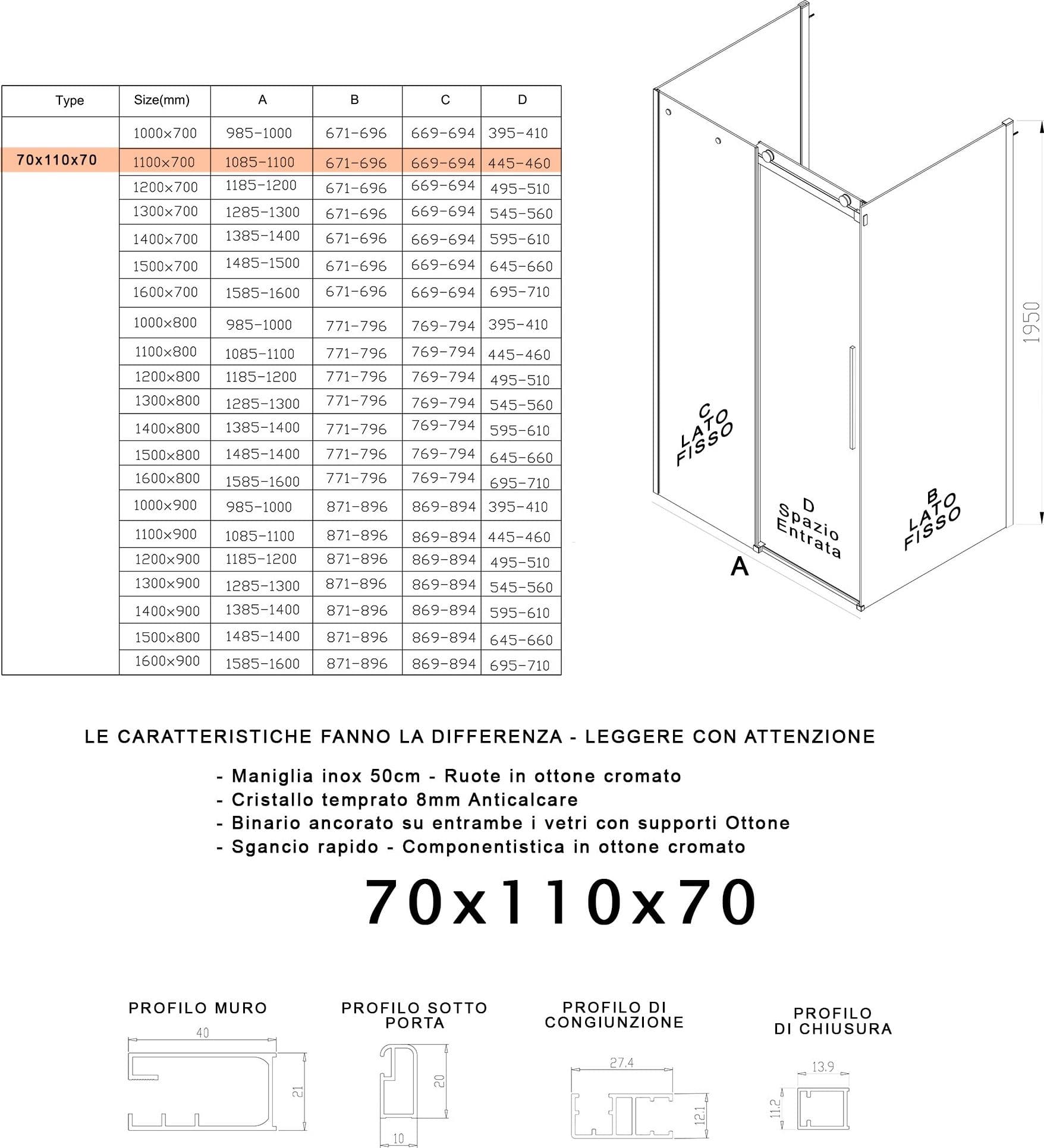 Box Doccia tre lati porta scorrevole trasparente H195cm 8mm anticalcare Euclide - 5