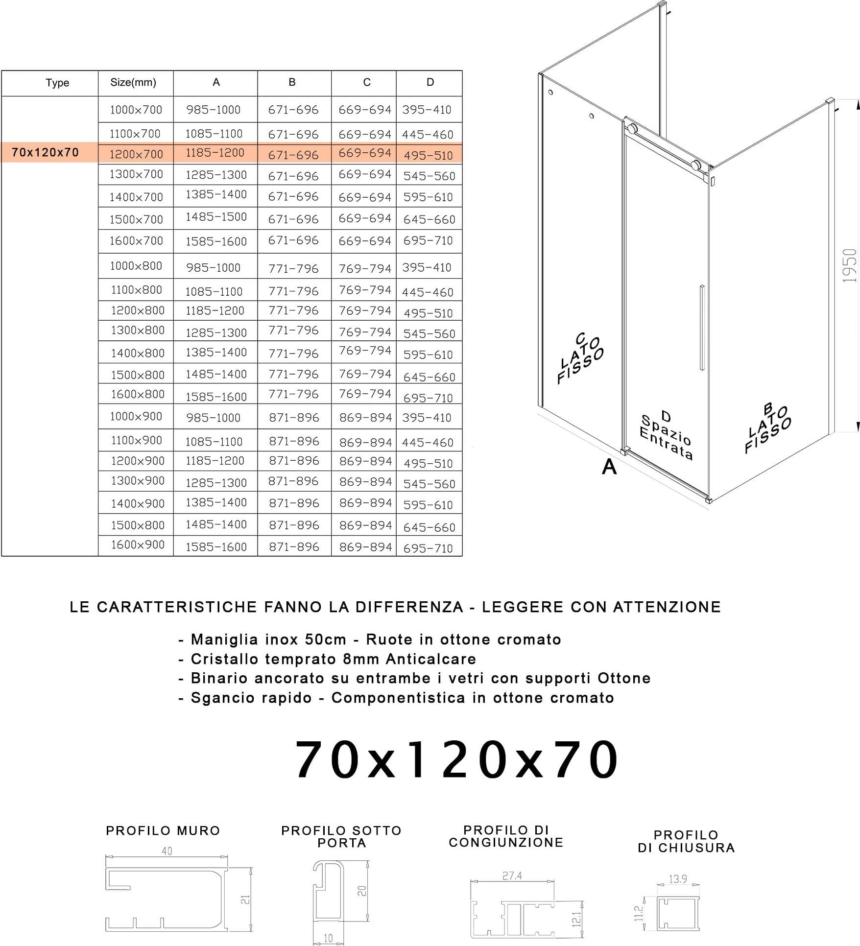 Box Doccia tre lati porta scorrevole trasparente H195cm 8mm anticalcare Euclide - 6
