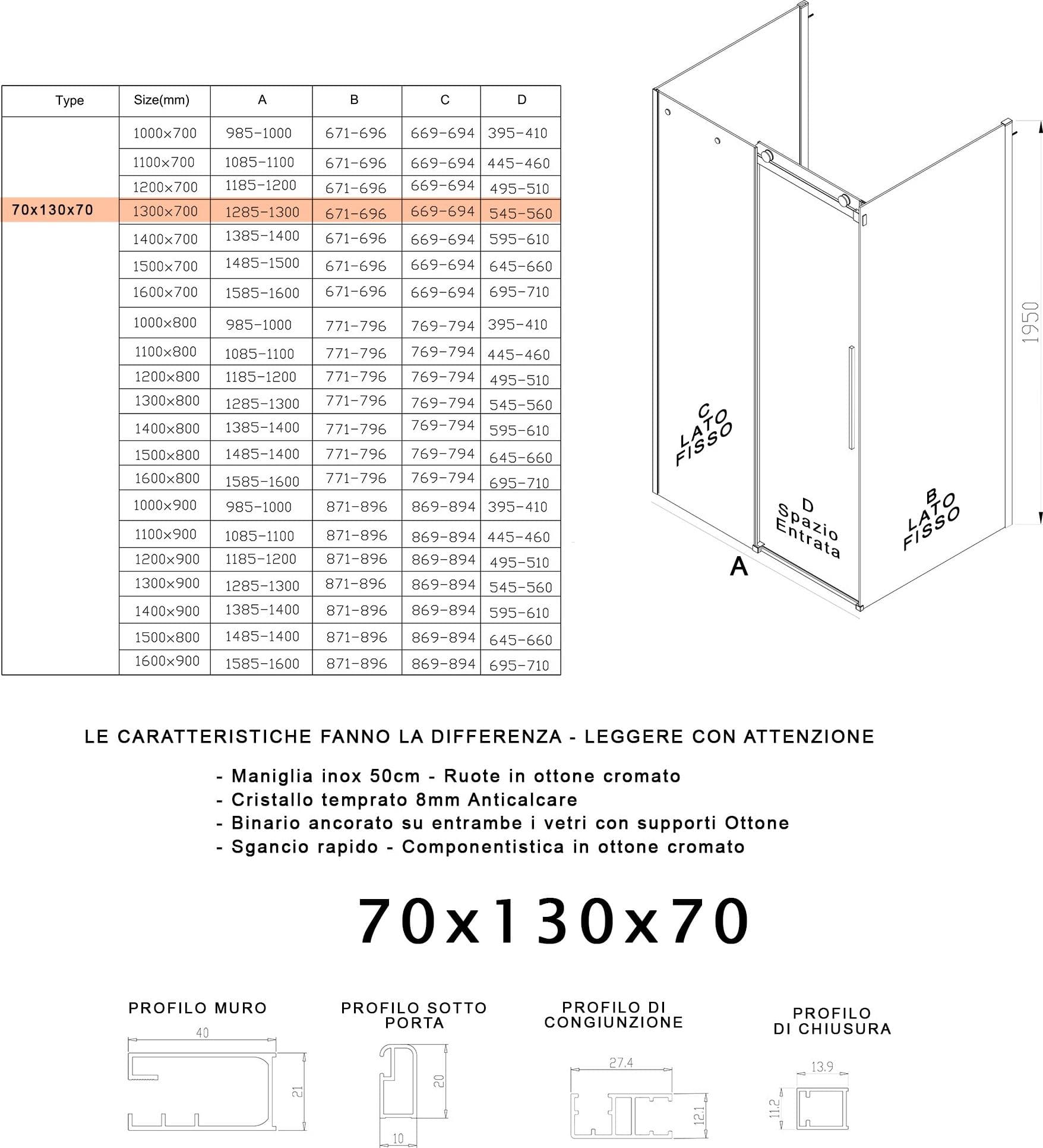 Box Doccia tre lati porta scorrevole trasparente H195cm 8mm anticalcare Euclide - 7