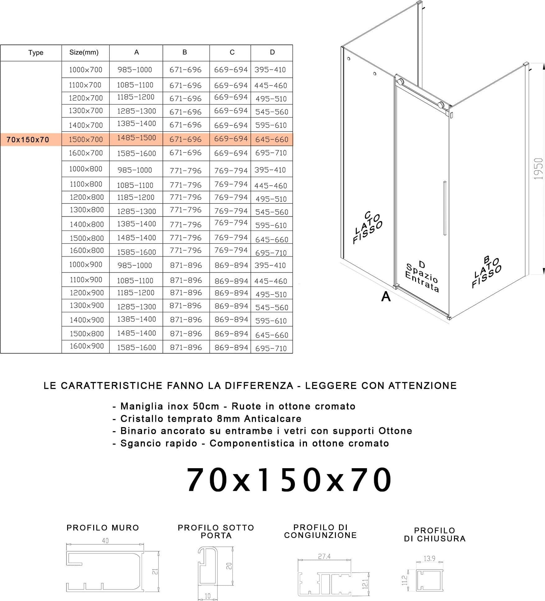 Box Doccia tre lati porta scorrevole trasparente H195cm 8mm anticalcare Euclide - 9