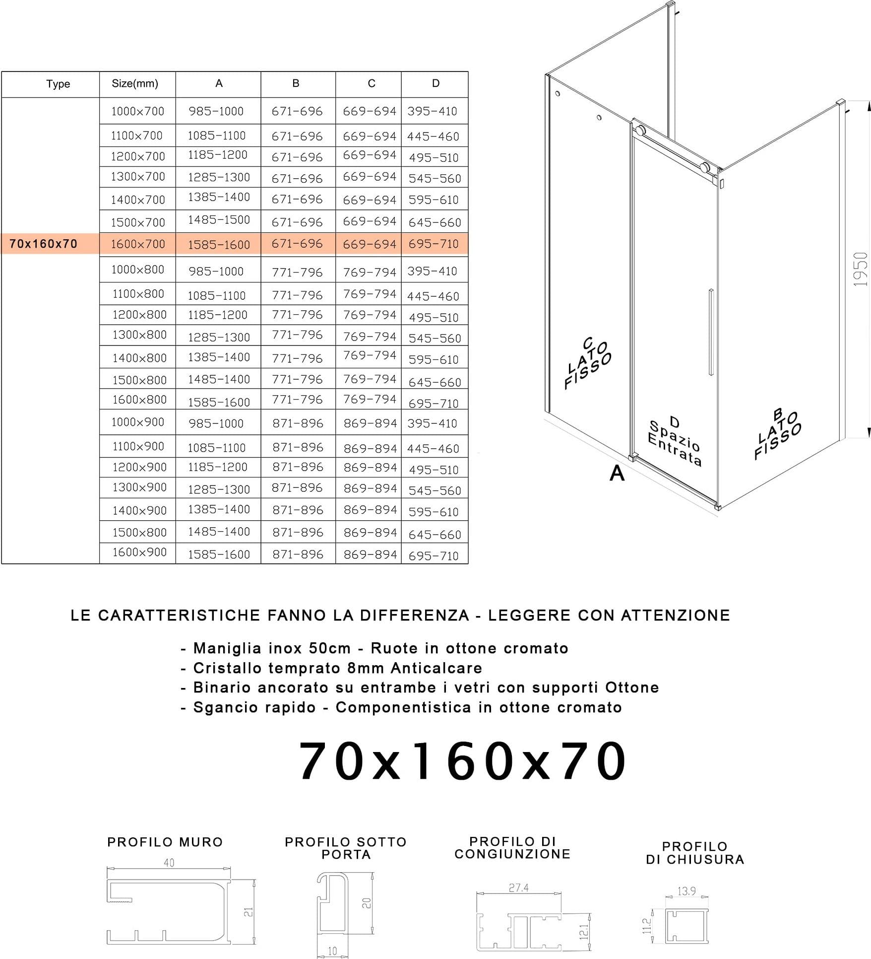 Box Doccia tre lati porta scorrevole trasparente H195cm 8mm anticalcare Euclide - 10