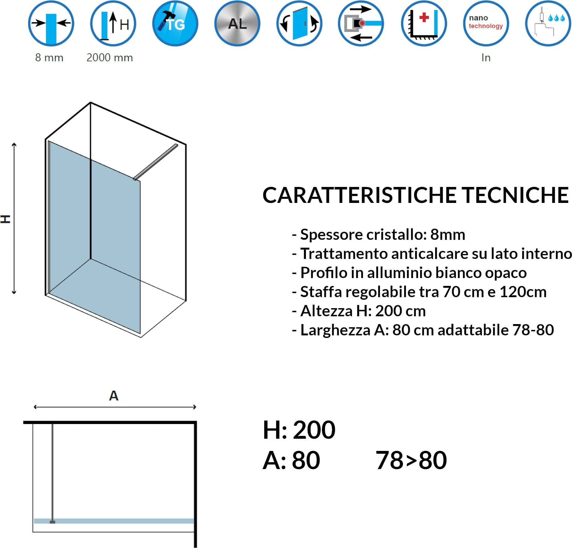 Parete doccia walk-in cristallo trasparente H200cm 8mm profilo bianco - 3