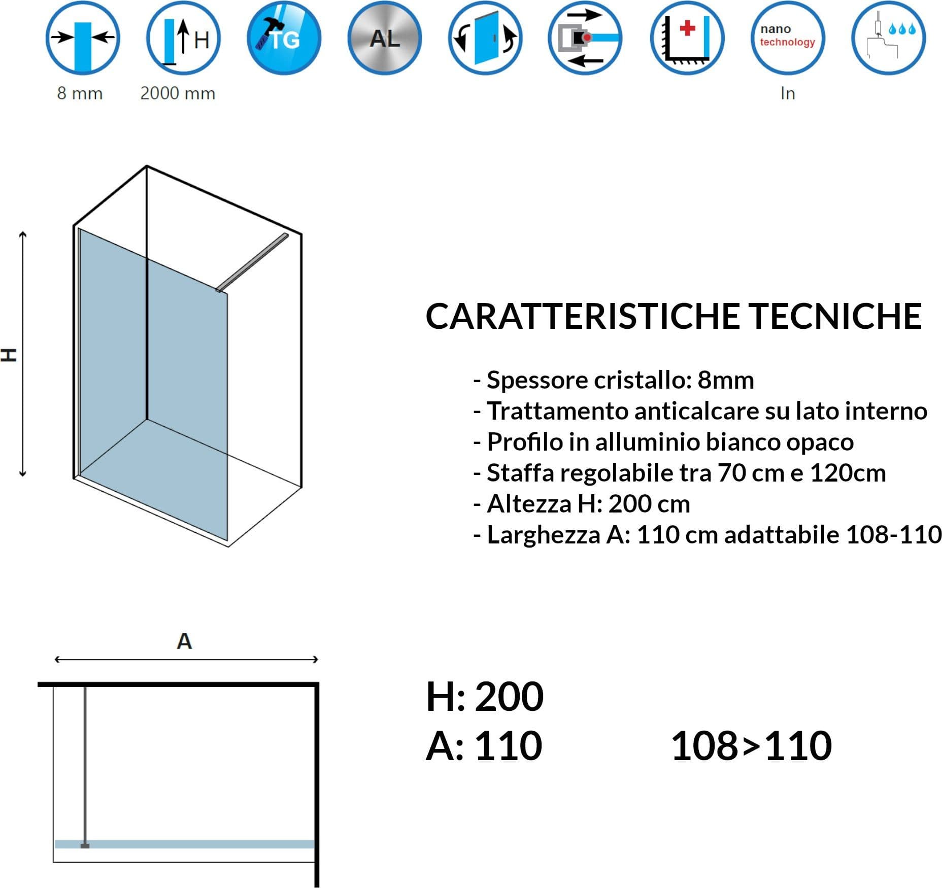 Parete doccia walk-in cristallo trasparente H200cm 8mm profilo bianco - 6