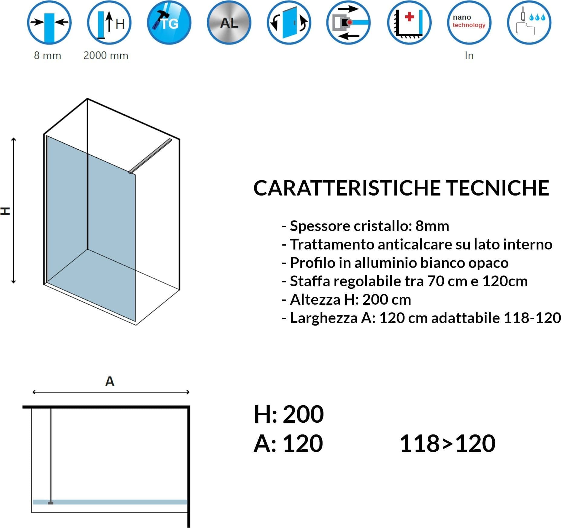 Parete doccia walk-in cristallo trasparente H200cm 8mm profilo bianco - 7