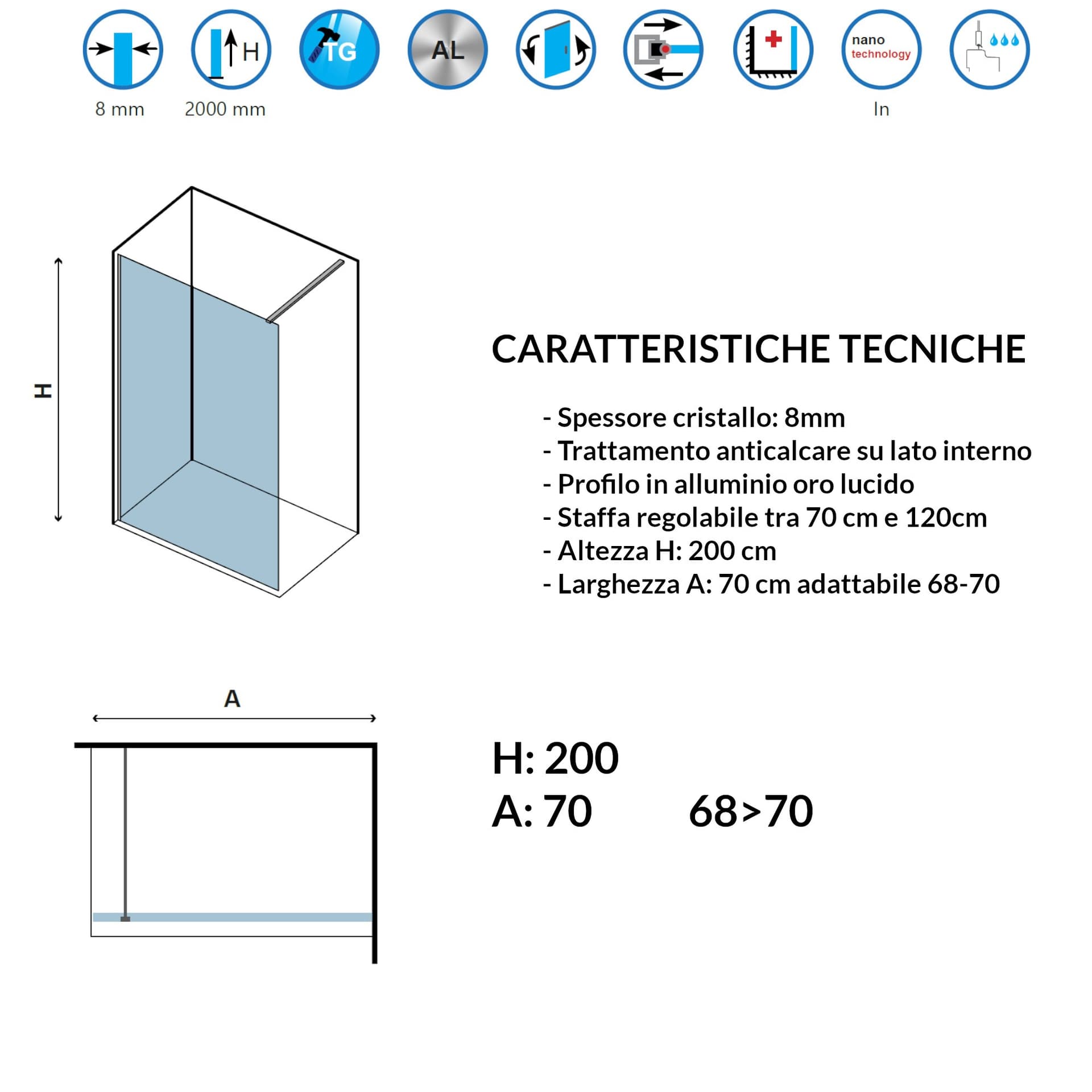 Parete doccia walk-in cristallo trasparente H200cm 8mm profilo oro - 12