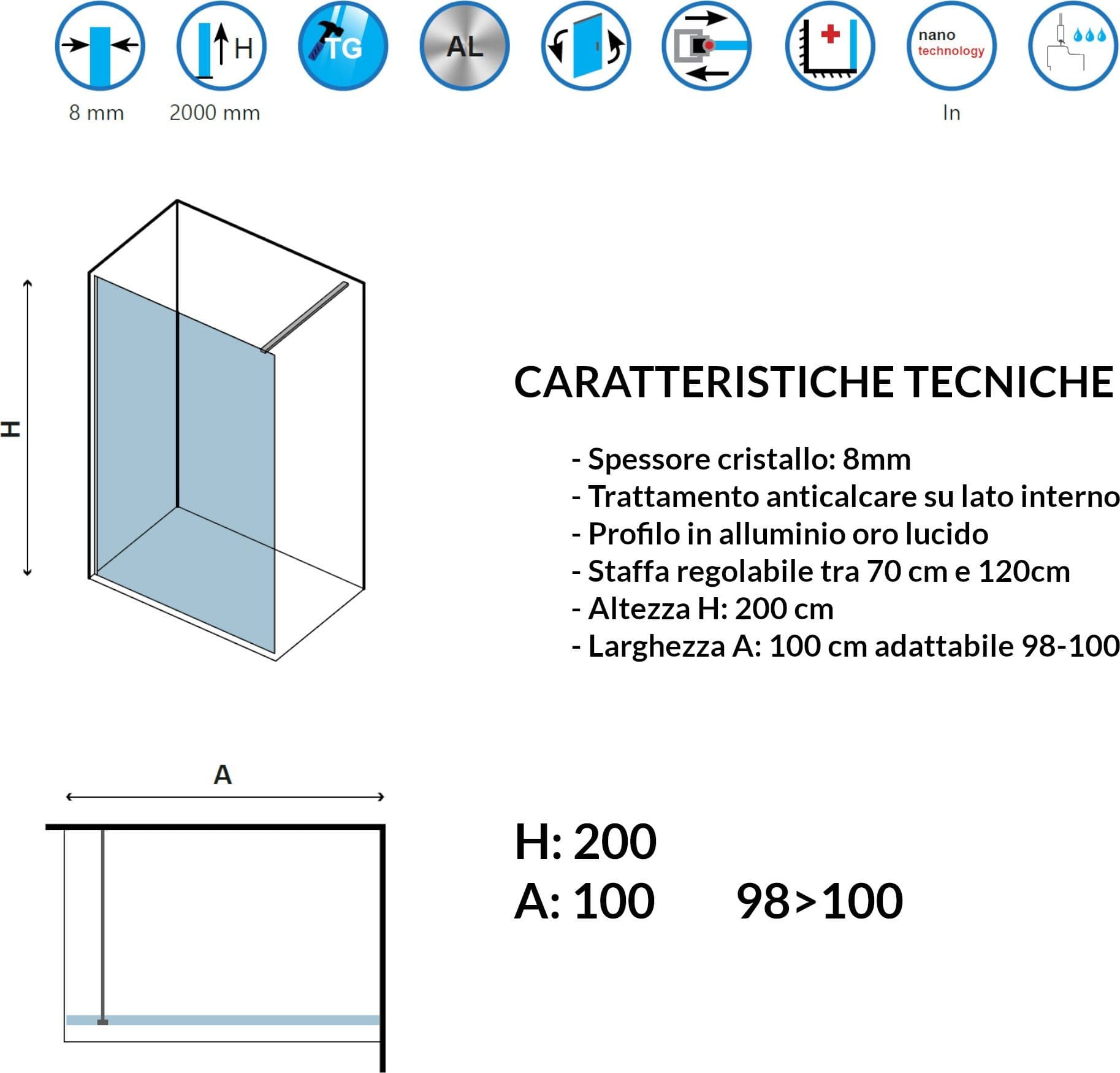 Parete doccia walk-in cristallo trasparente H200cm 8mm profilo oro - 5