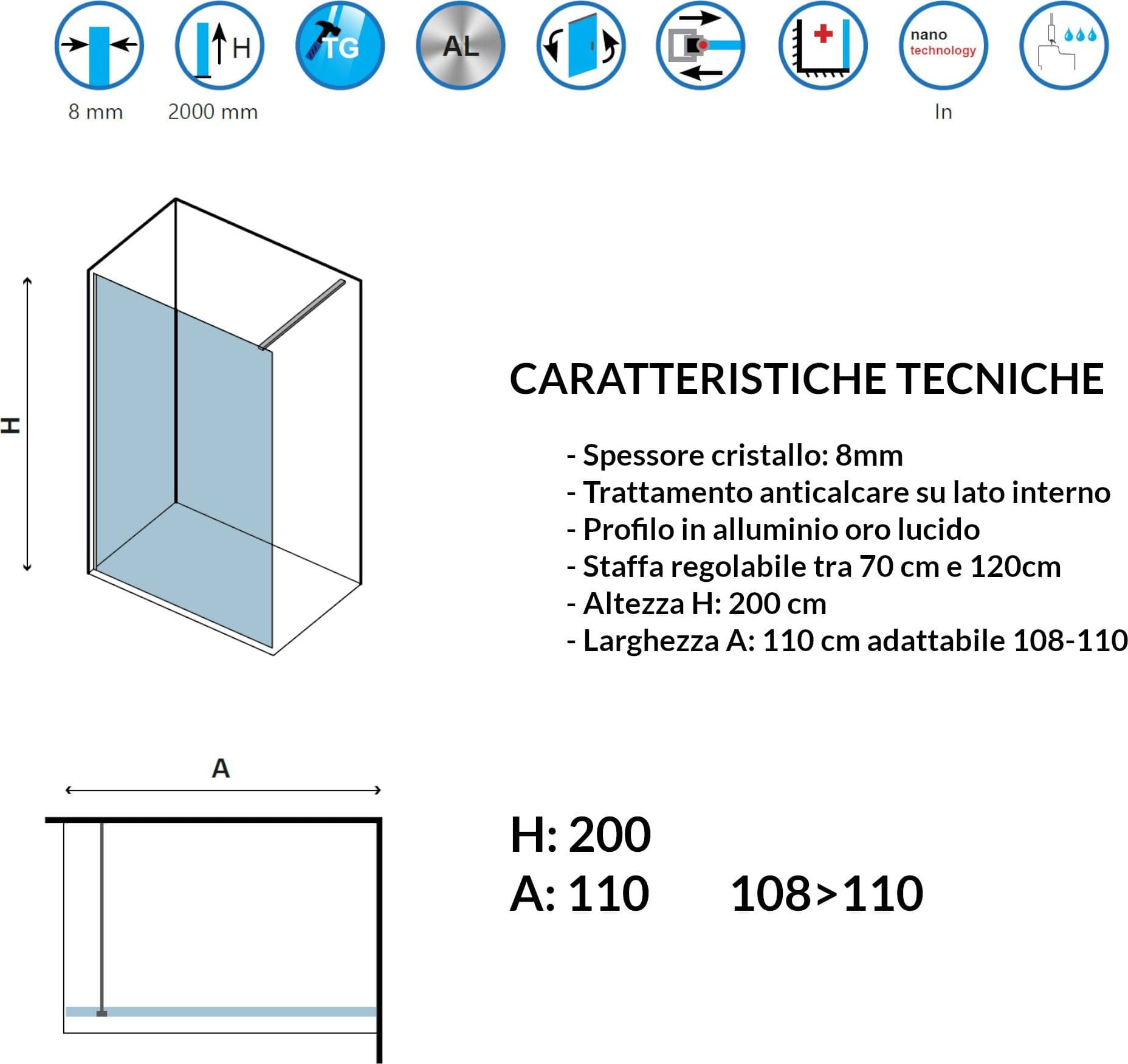 Parete doccia walk-in cristallo trasparente H200cm 8mm profilo oro - 6