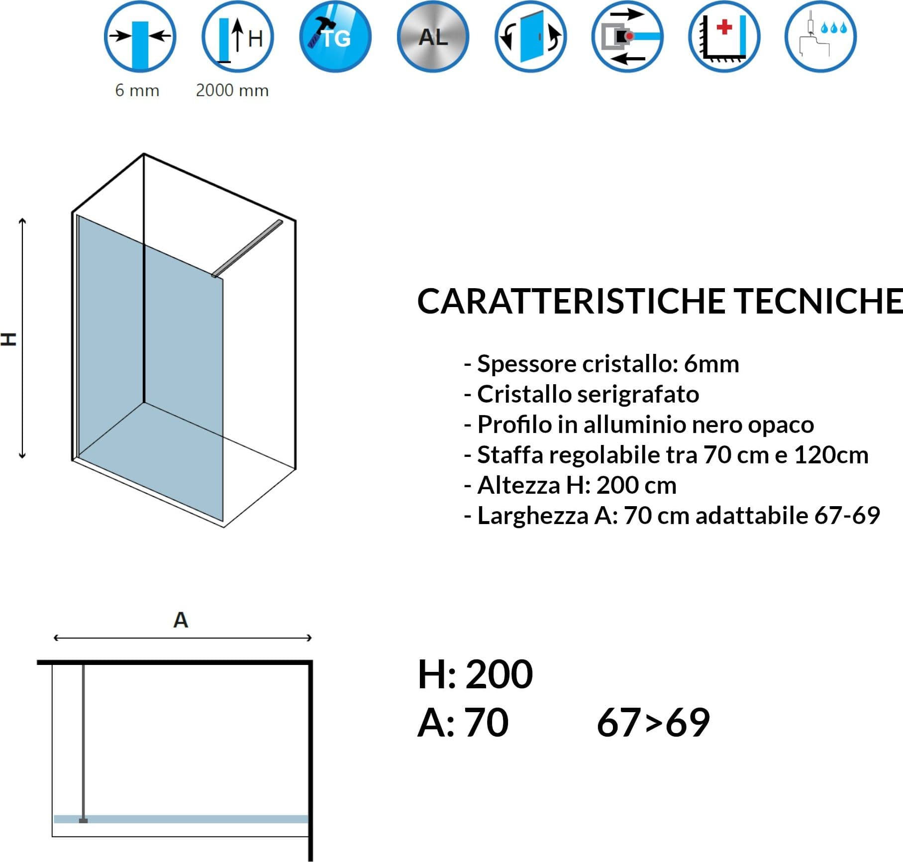 Parete doccia walk-in cristallo serigrafato H200cm 6mm profilo nero NEROFREE1 - 8