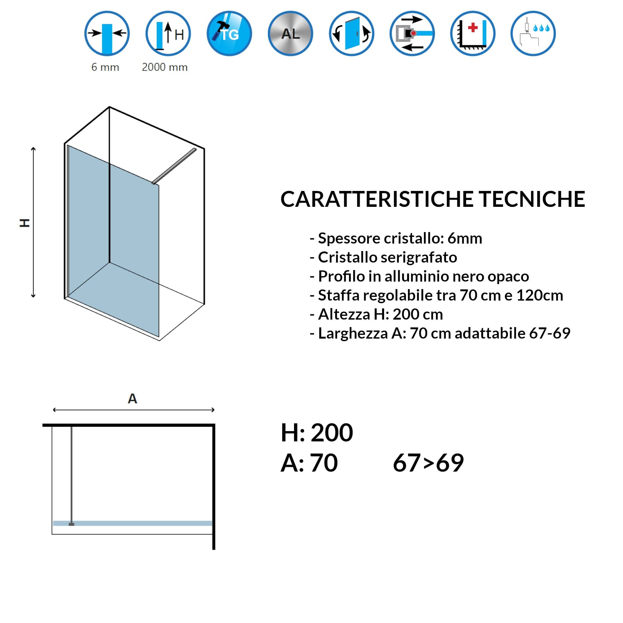 Parete doccia walk-in cristallo serigrafato H200cm 6mm profilo nero NEROFREE1 - 8