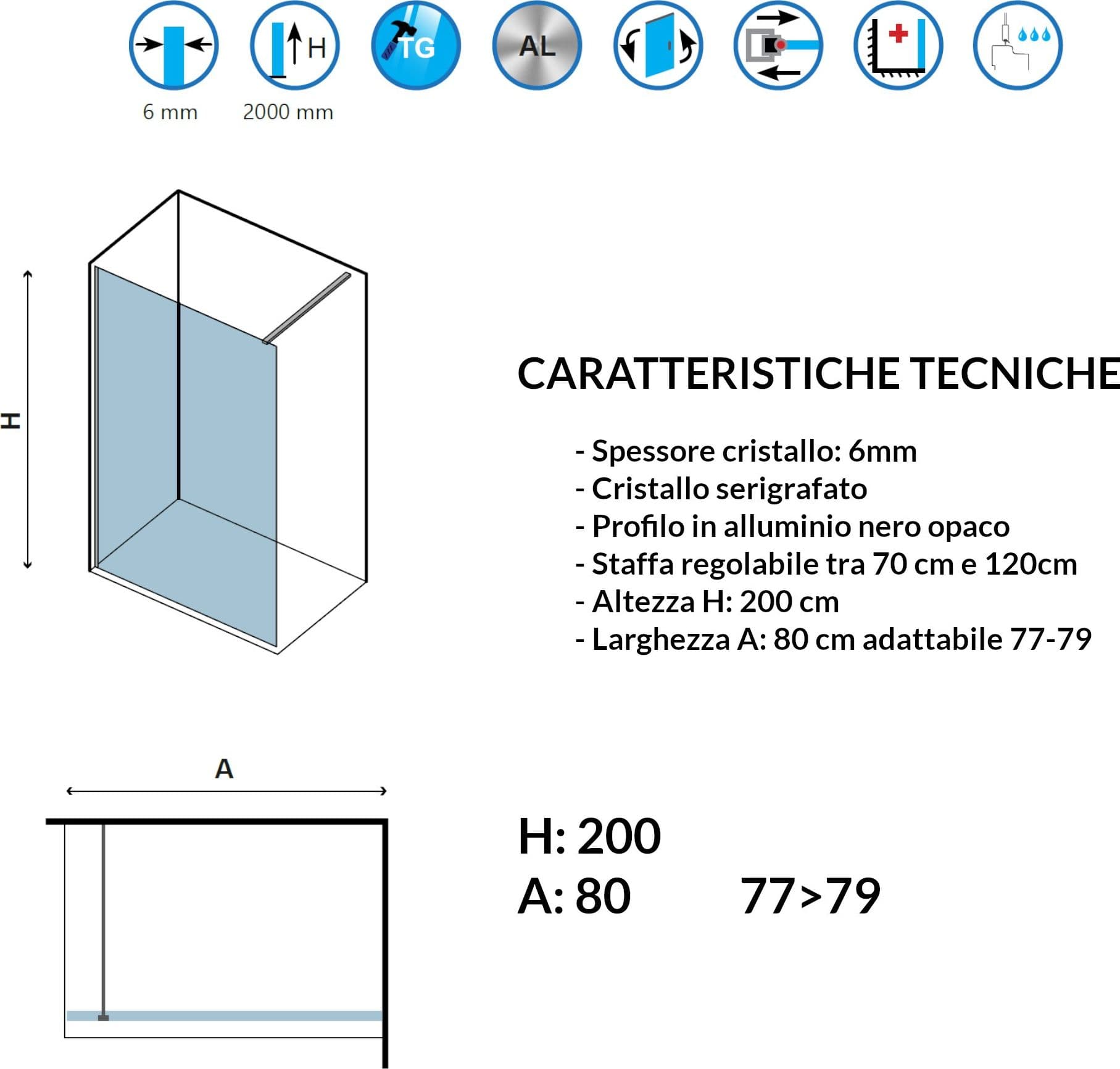 Parete doccia walk-in cristallo serigrafato H200cm 6mm profilo nero NEROFREE1 - 3