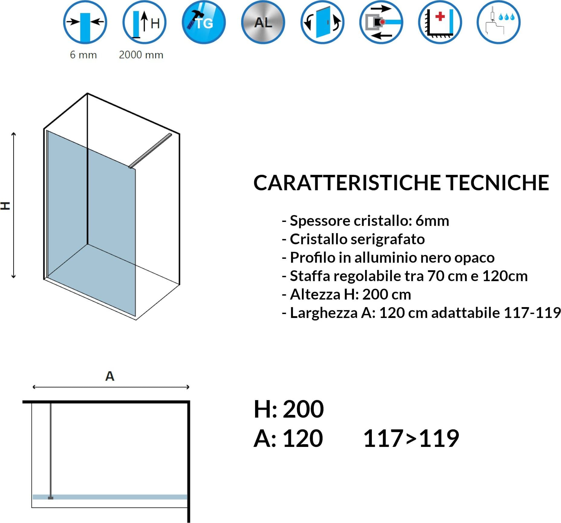 Parete doccia walk-in cristallo serigrafato H200cm 6mm profilo nero NEROFREE1 - 6