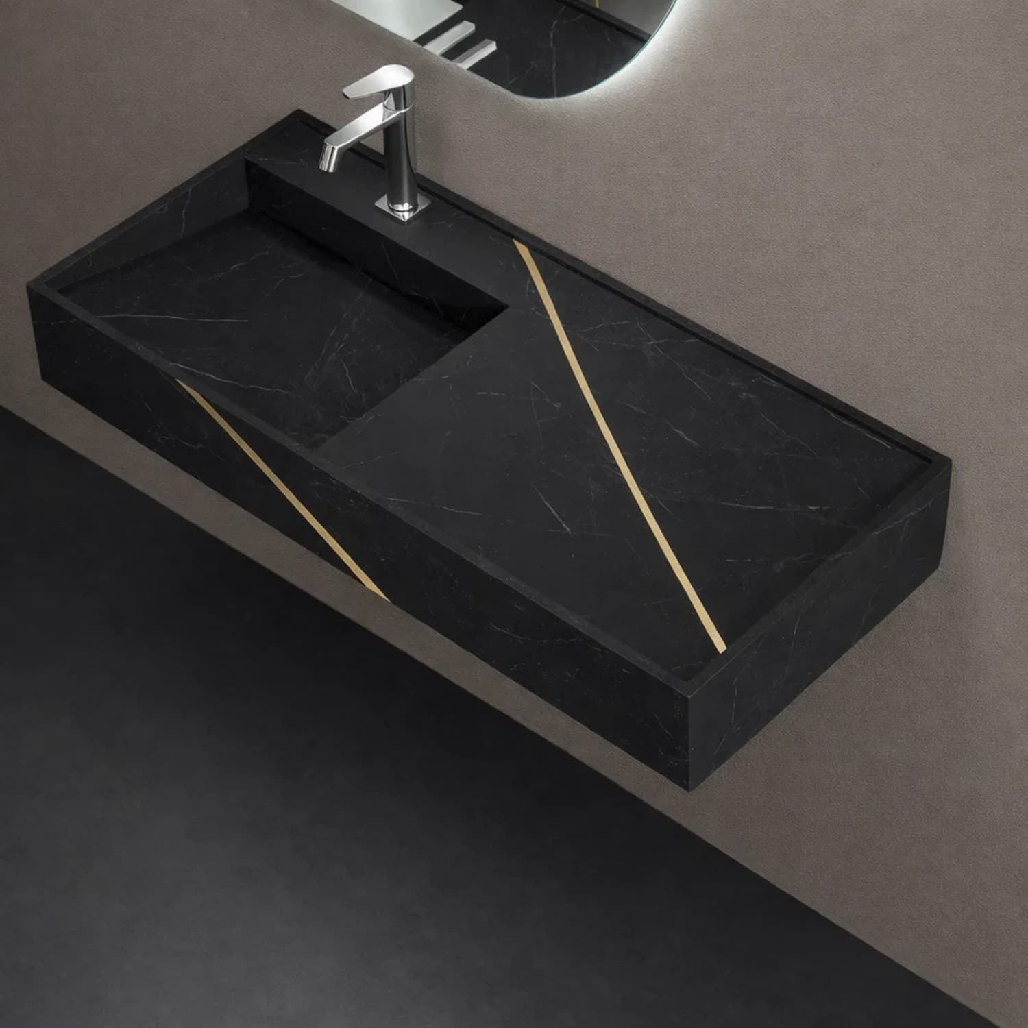 Lavabo Consolle Sospeso Astrid In Stone Nero e Nocciola Venato - 7