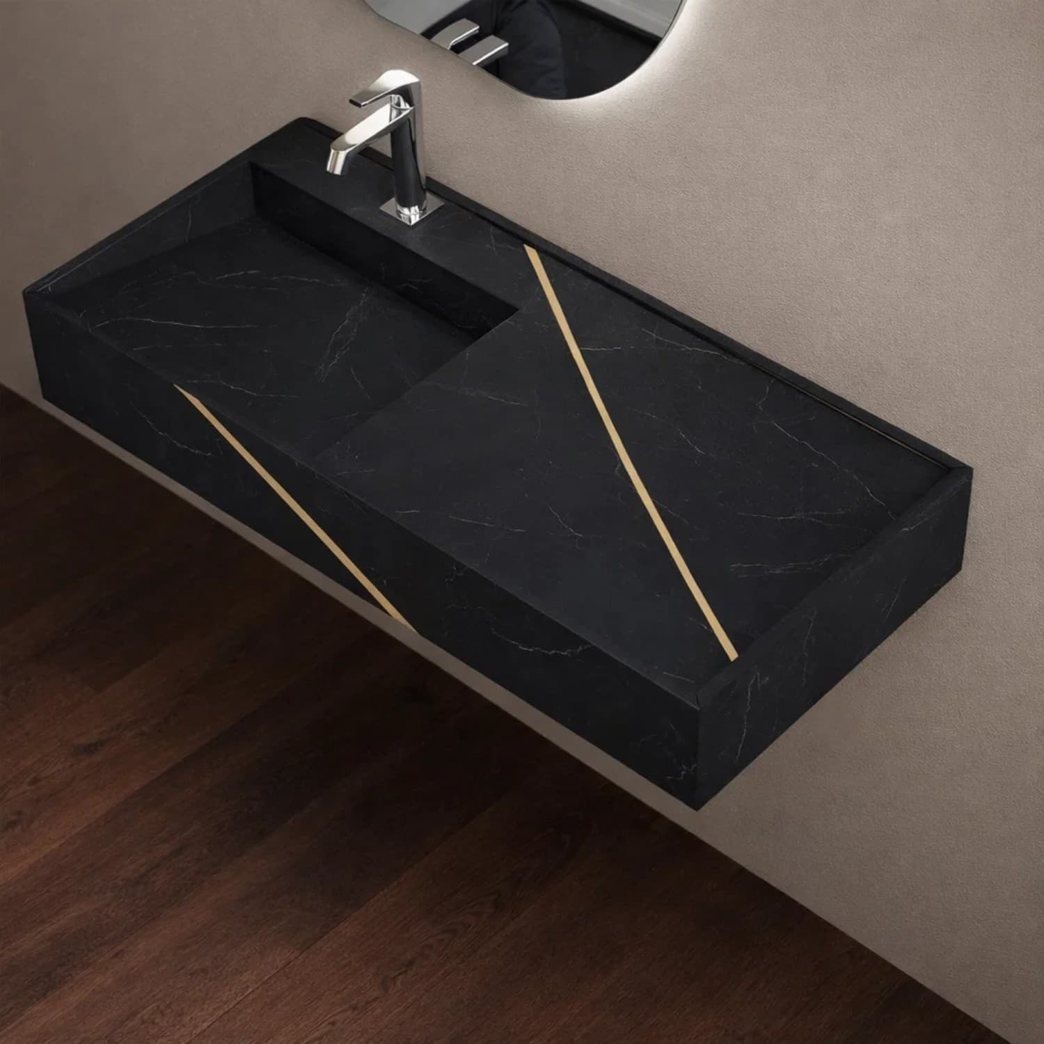 Lavabo Consolle Sospeso Astrid In Stone Nero e Nocciola Venato - 2