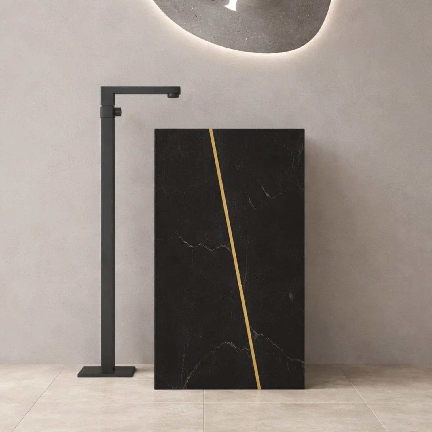 Lavabo Da Centro Stanza Lukas In Artificial Stone Nero E Nocciola Venato - 2
