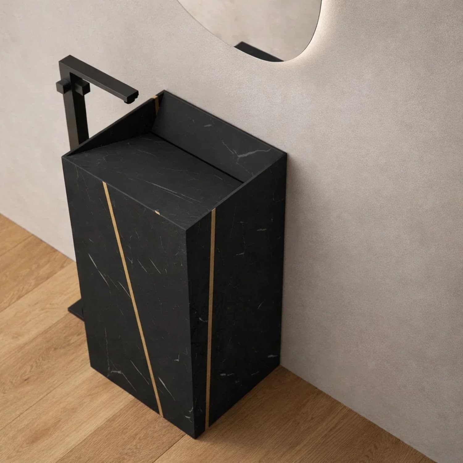 Lavabo Da Centro Stanza Lukas In Artificial Stone Nero E Nocciola Venato - 3