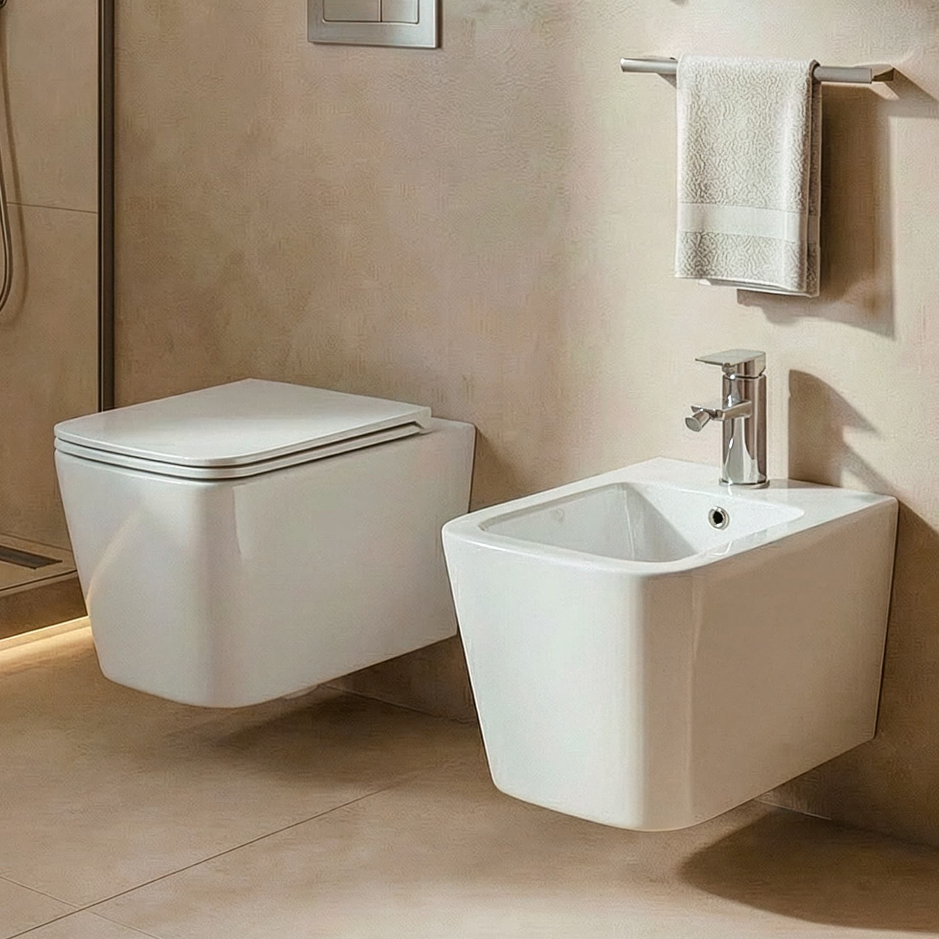Sanitari quadrati sospesi bianco lucido wc e bidet GRETA