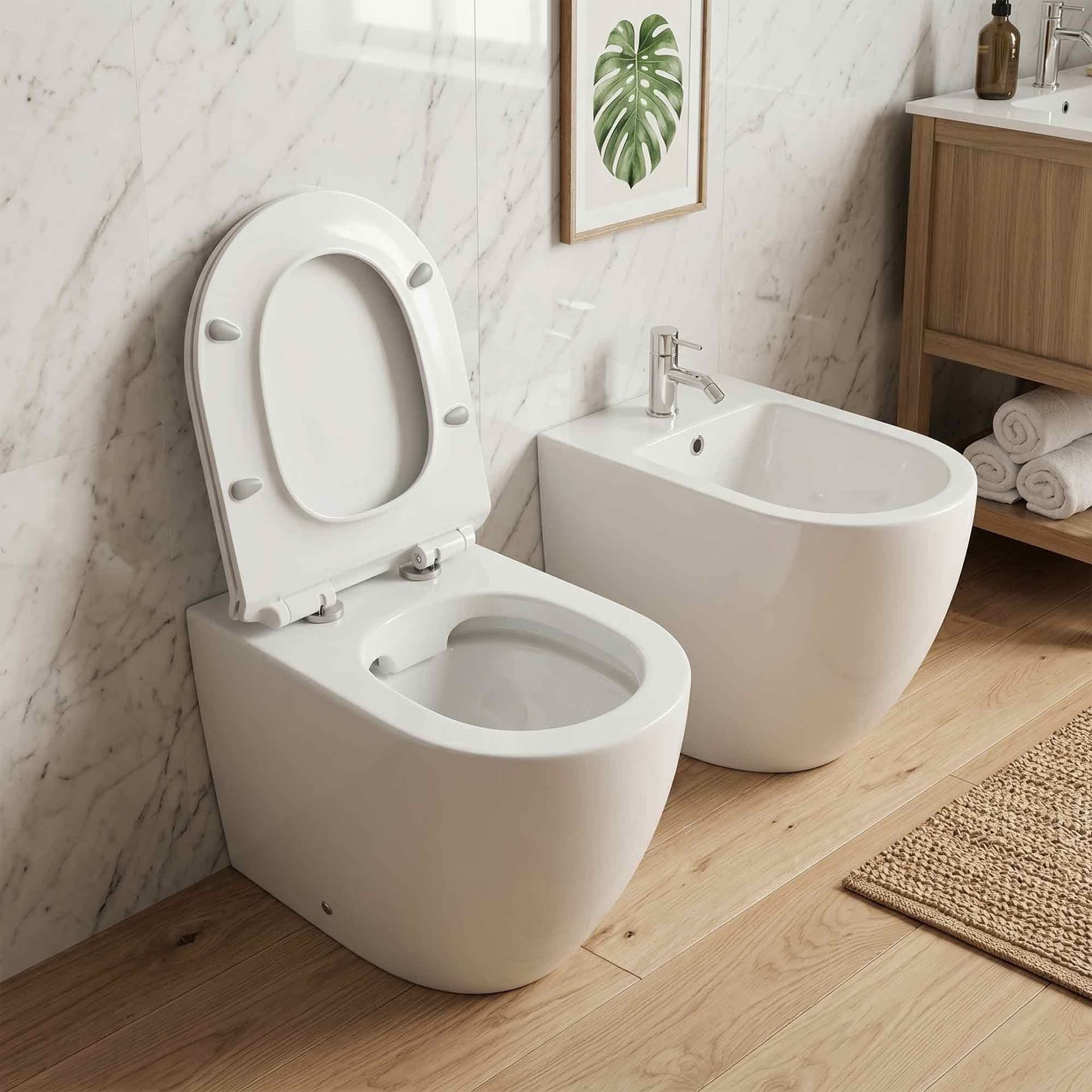 Sanitari filo muro wc e bidet traslati con sedile rallentato rimless | Nemesi - 2