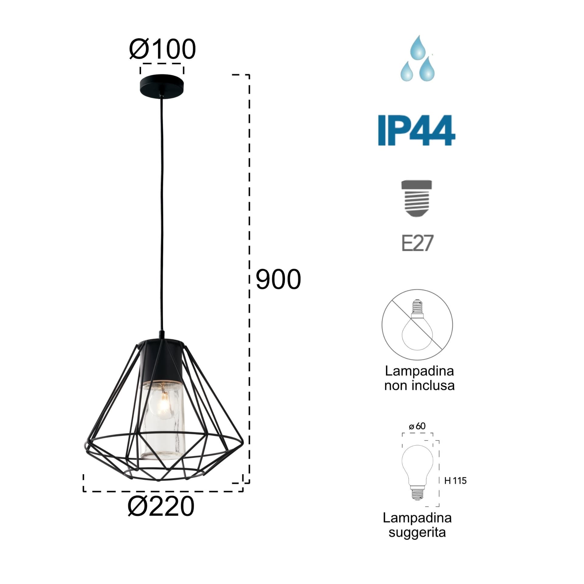 Lampadario a sospensione 60W E27 nero Drax - 3