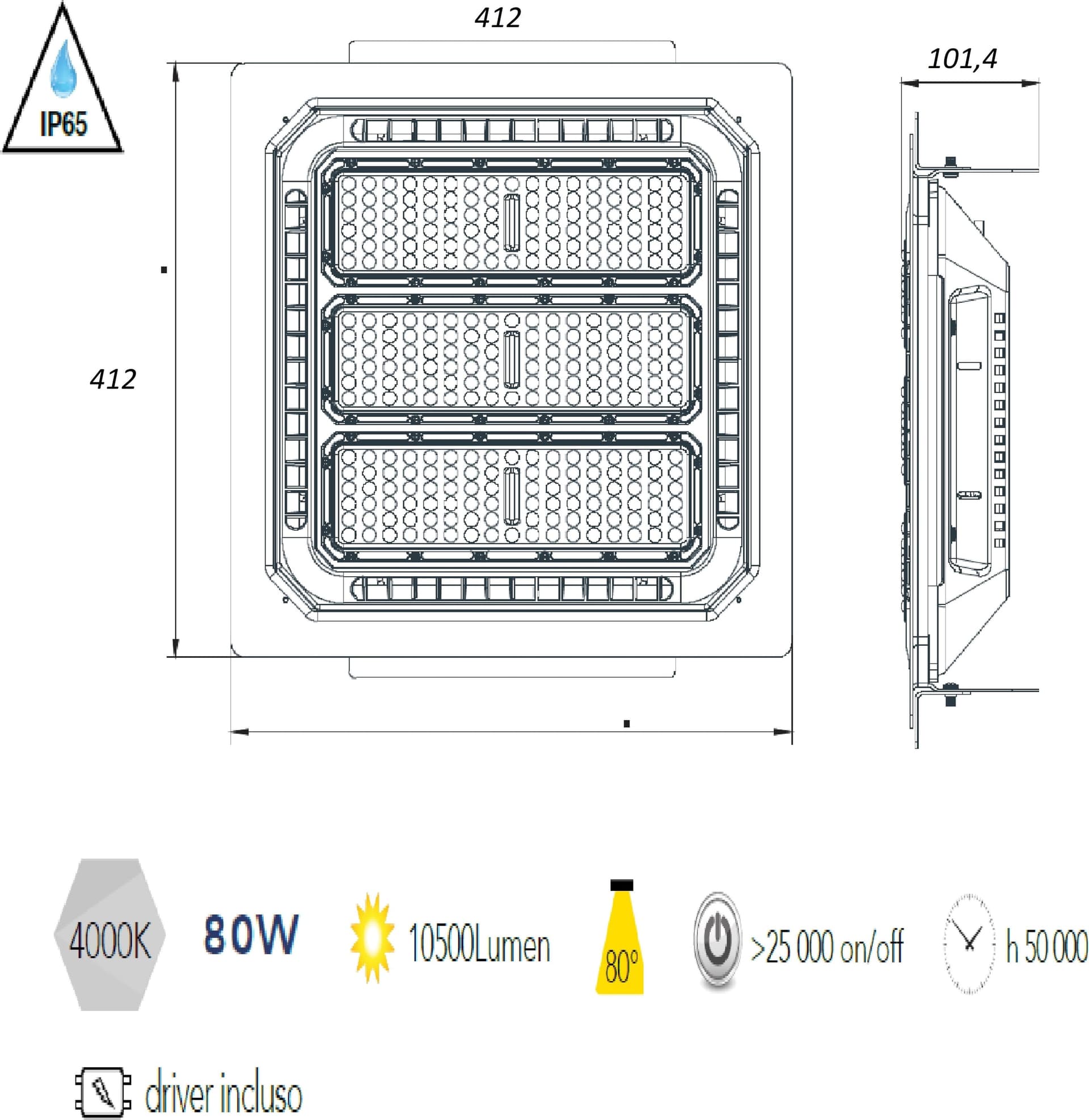 Proiettore a led da incasso faro per pensiline o soffitto rettangolare 80w 10500Lm bianco - 2