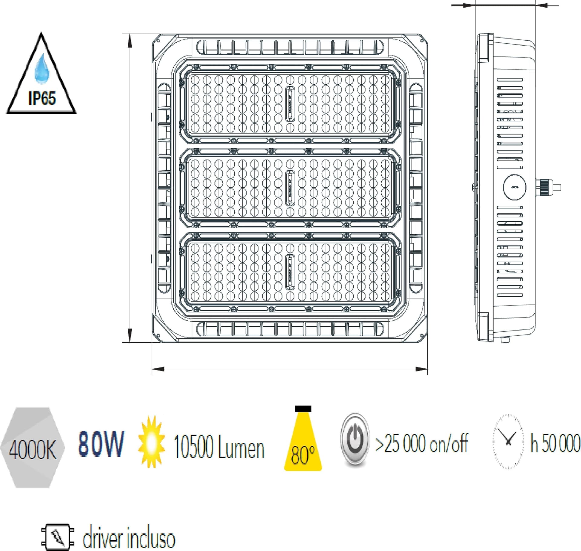 Proiettore a led plafoniera faro per pensiline o soffitto rettangolare 80w 10500Lm bianco - 2
