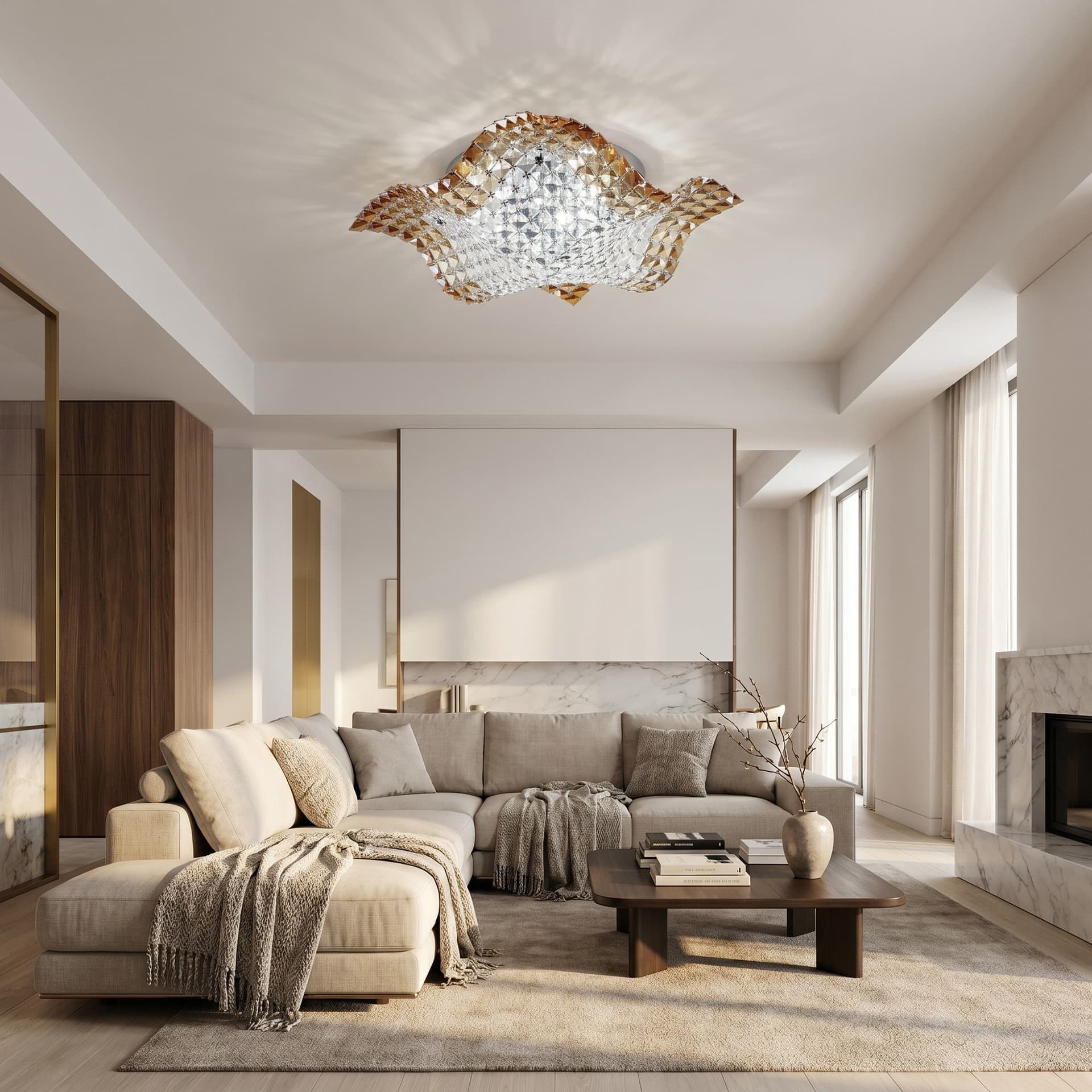 Lampada da Soffitto a onda per interni adatta a camere e living Cristalli K9 Color ambra Luce 4XG9 - 4