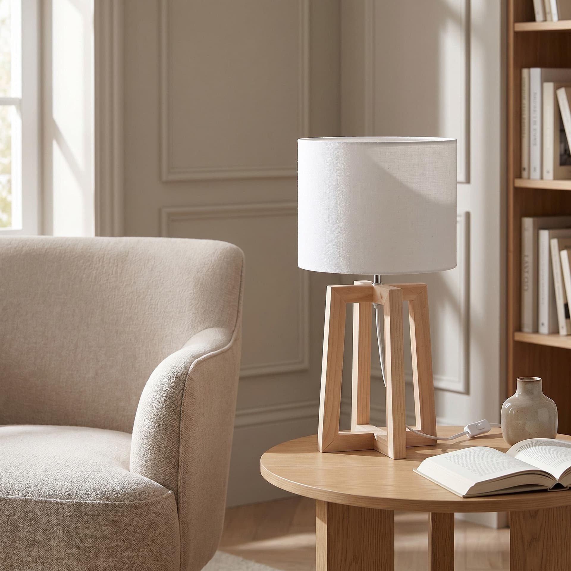 Lampada da Scrivania Paralume bianco con struttura in legno Adatta per camere e uffici E14 - 2