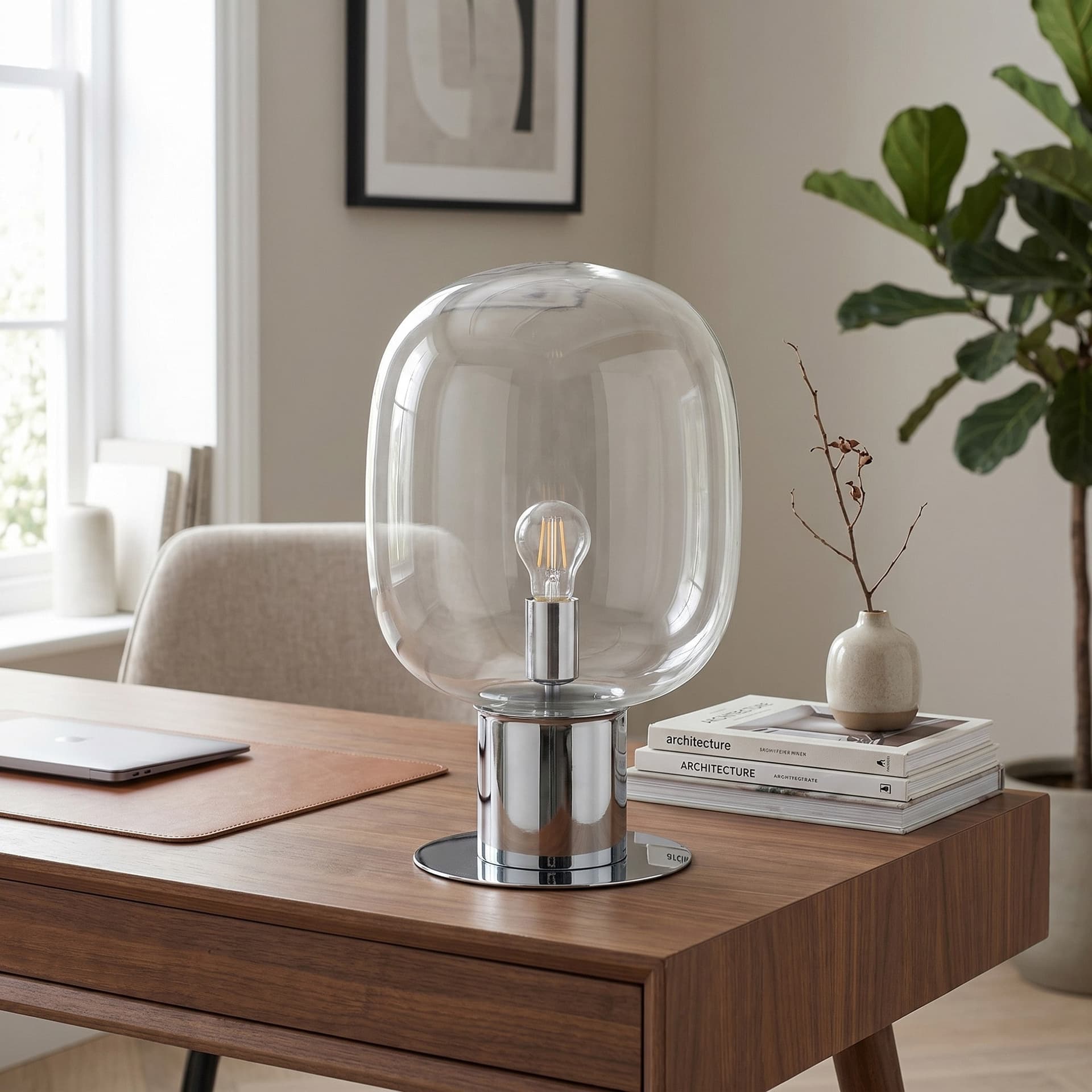 Lampada da Tavolo Cromo Lucido Design con vetro opale Adatta per camere e living  Attacco E27 - 2