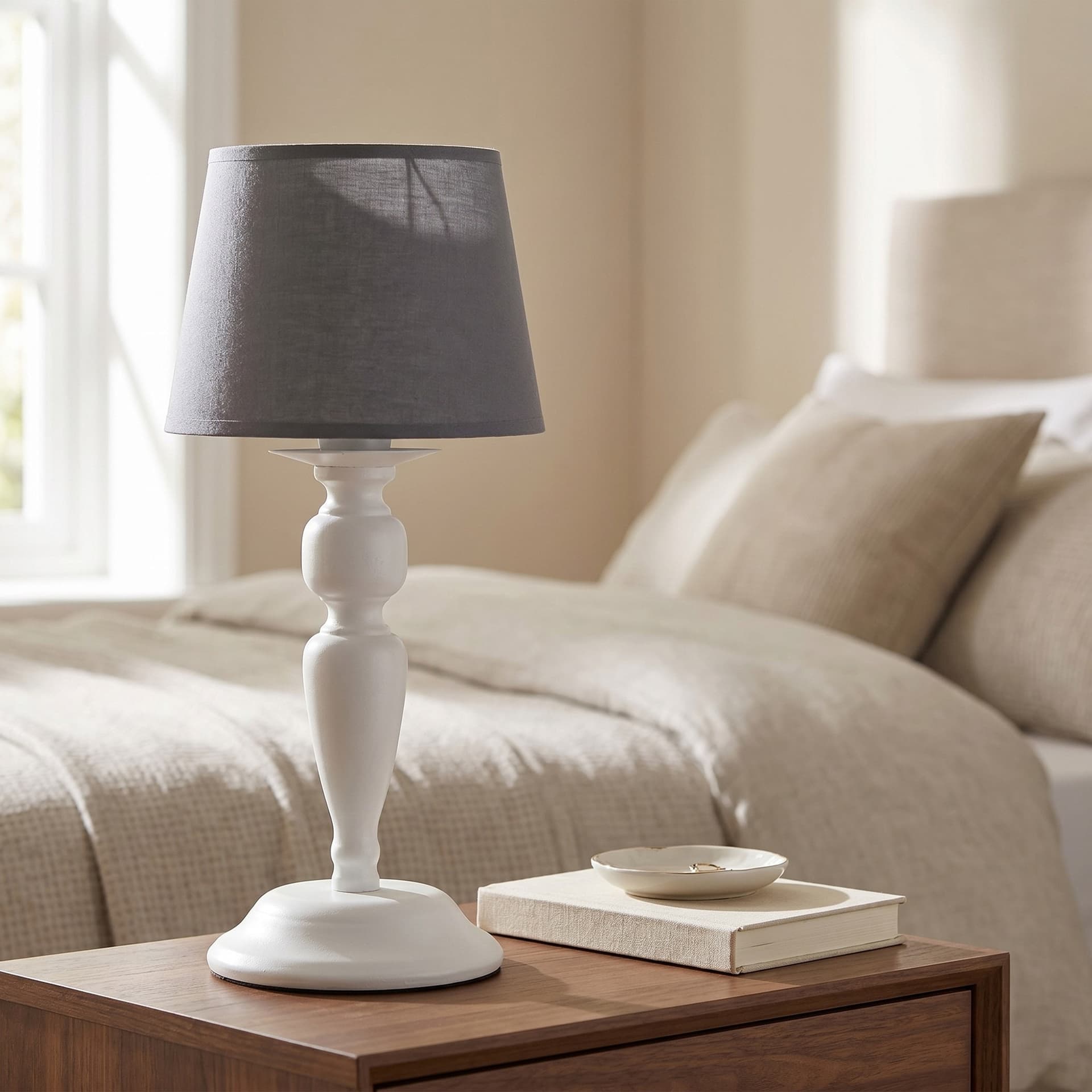 Lampada da Tavolo Classica Adatta per Salotto e Camera Bianca con paralume grigio E14 - 2