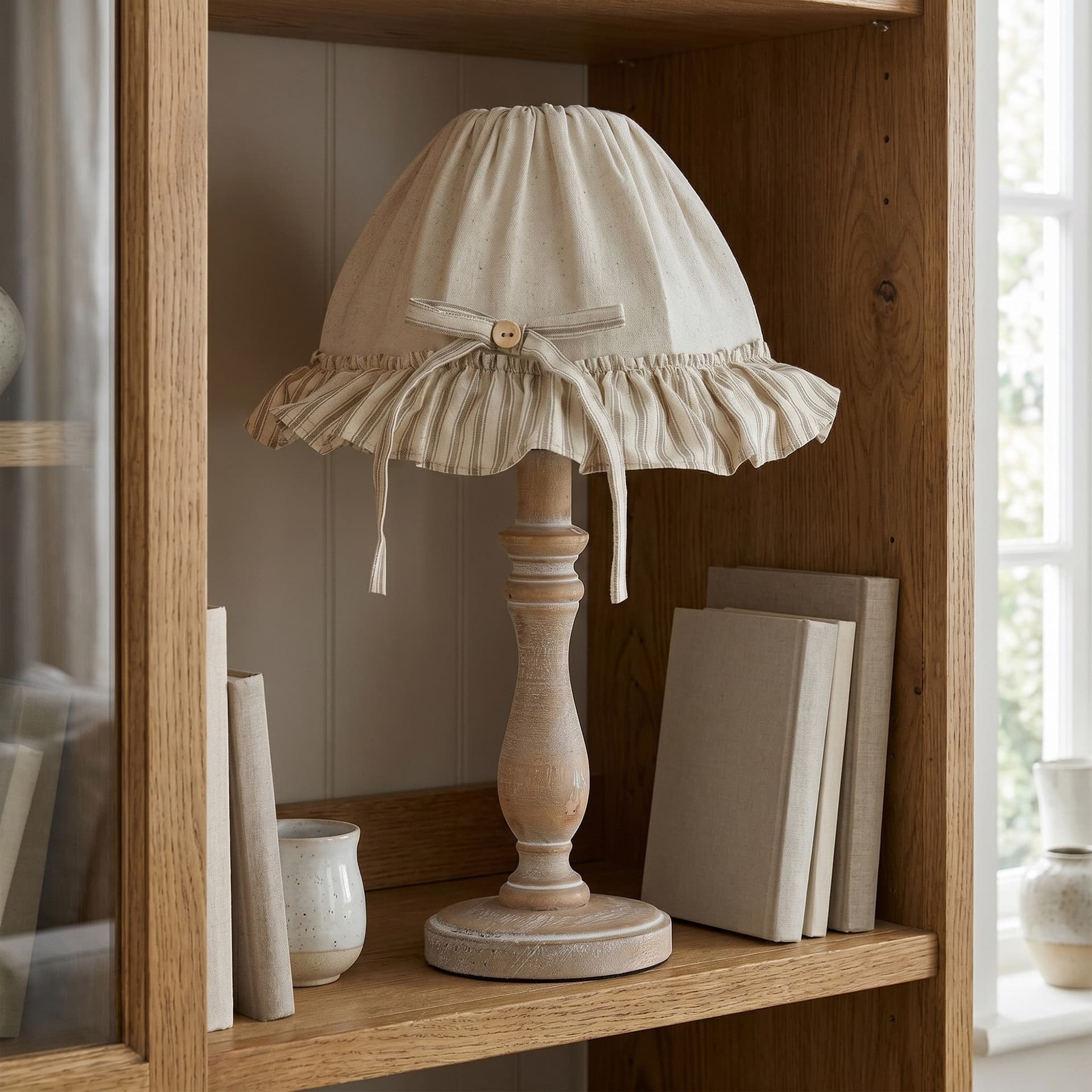 Lampada da tavolo o comodino In legno naturale Paralume decorato in tessuto beige Adatta per camere e salotti E14 - 2