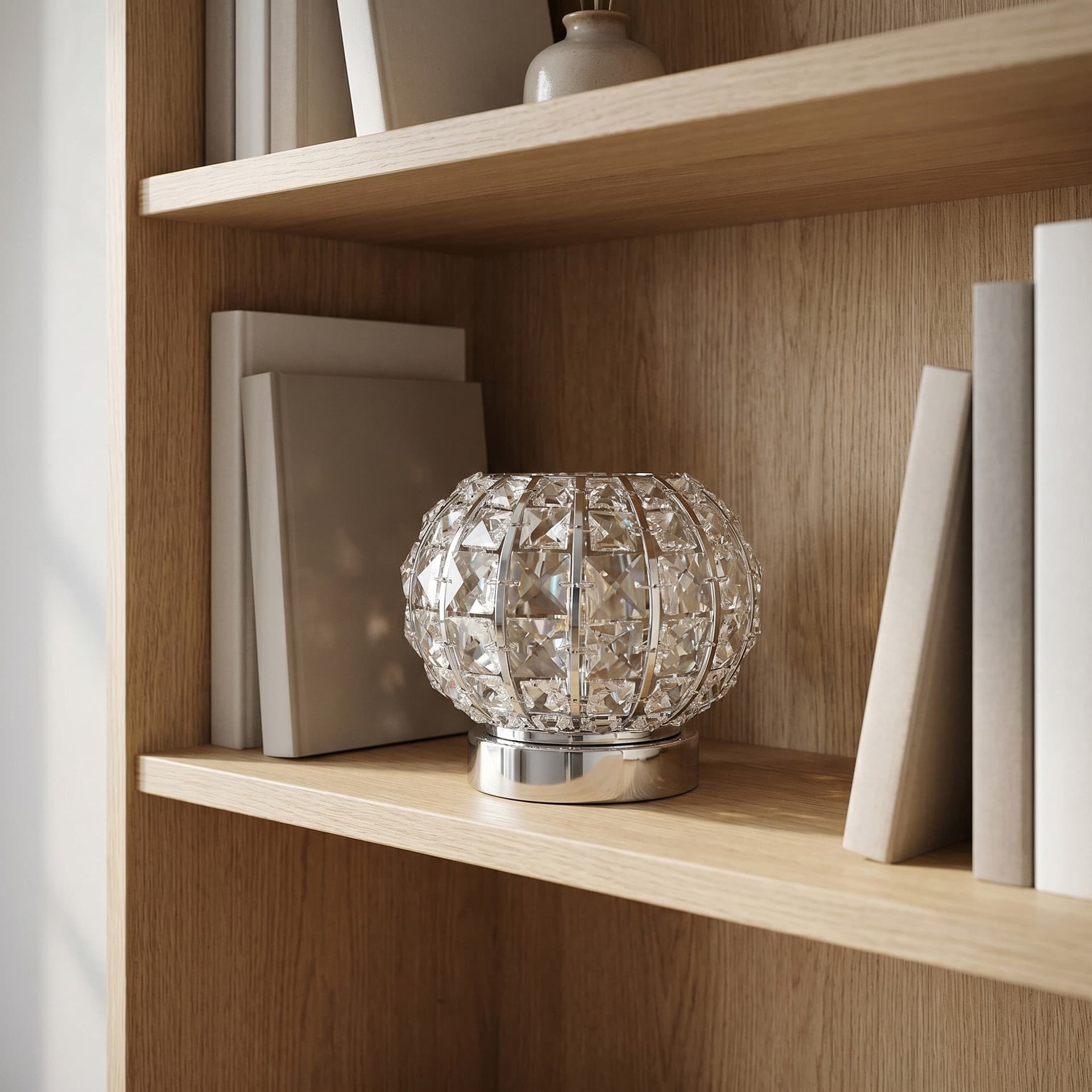 Lampada da Tavolo Tonda Con cristalli K9 squadrati In metallo cromo Disponibile in 2 dimensioni G9 - 2