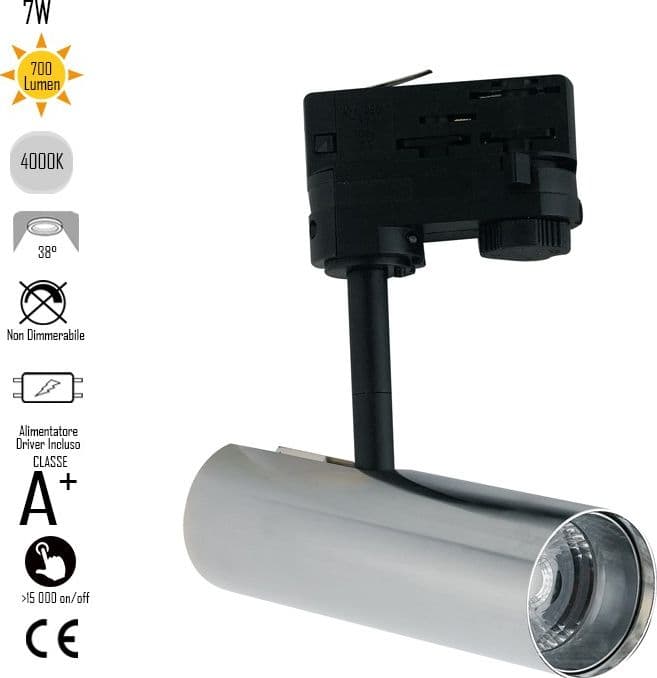 Faretto per binario orientabile a led in alluminio cromato A+ Luce naturale 7 W