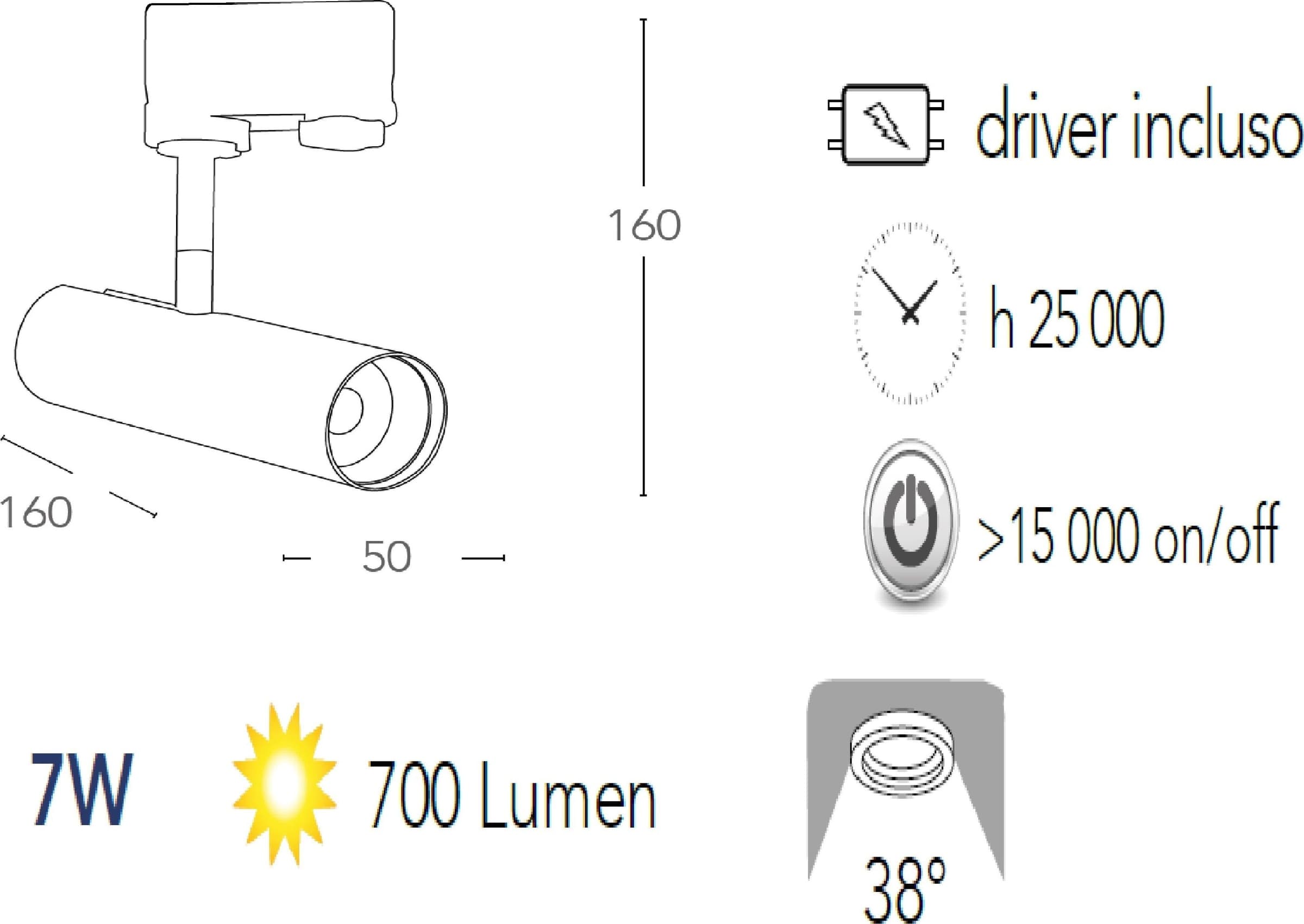 Faretto per binario orientabile a led in alluminio cromato A+ Luce naturale 7 W - 2