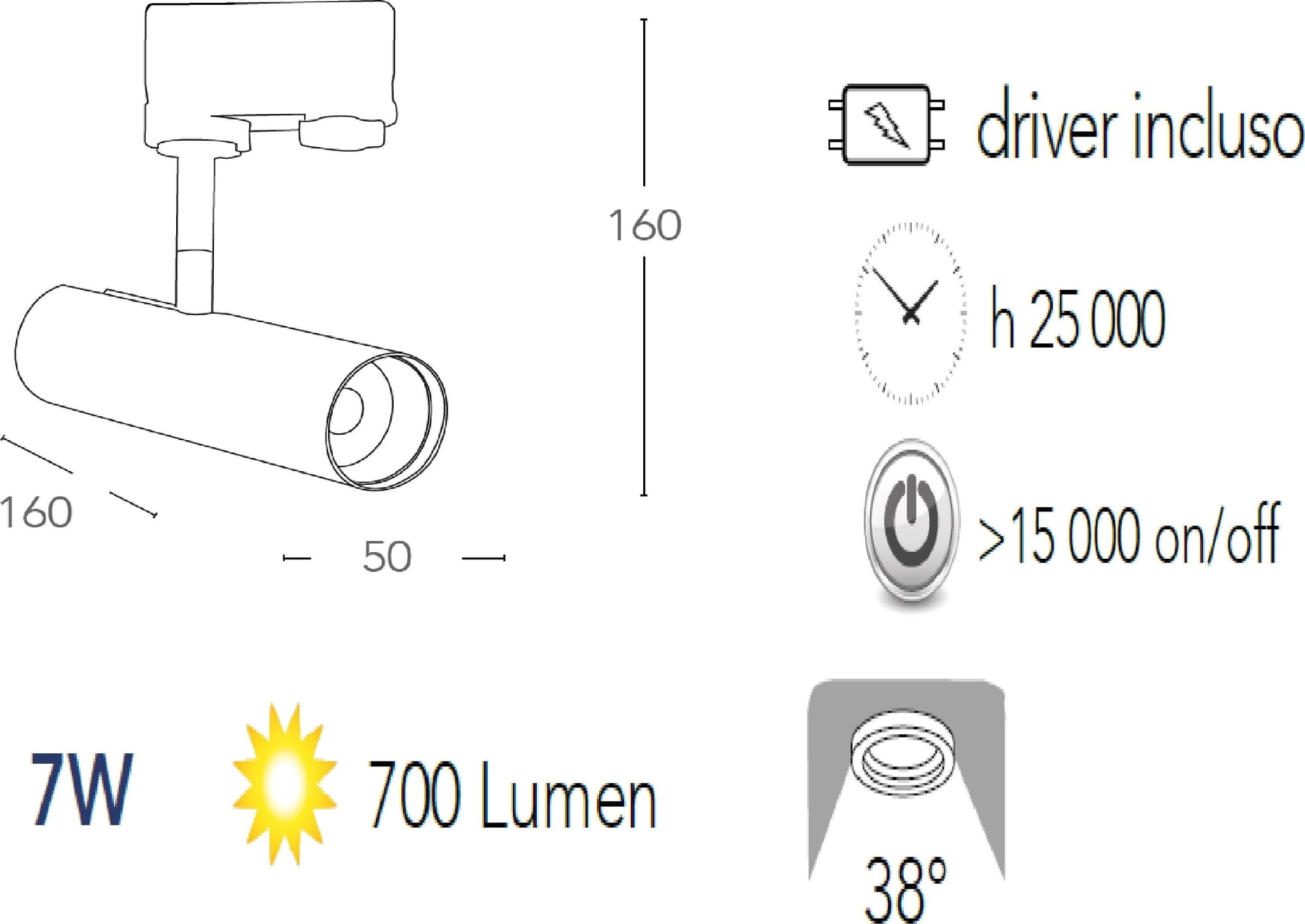 Faretto per binario orientabile a led in alluminio cromo A+ Luce calda 7 W - 2