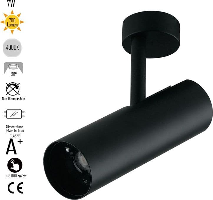 Faretto da soffitto orientabile a led in alluminio nero led cob integrato A+ luce naturale K 7 W