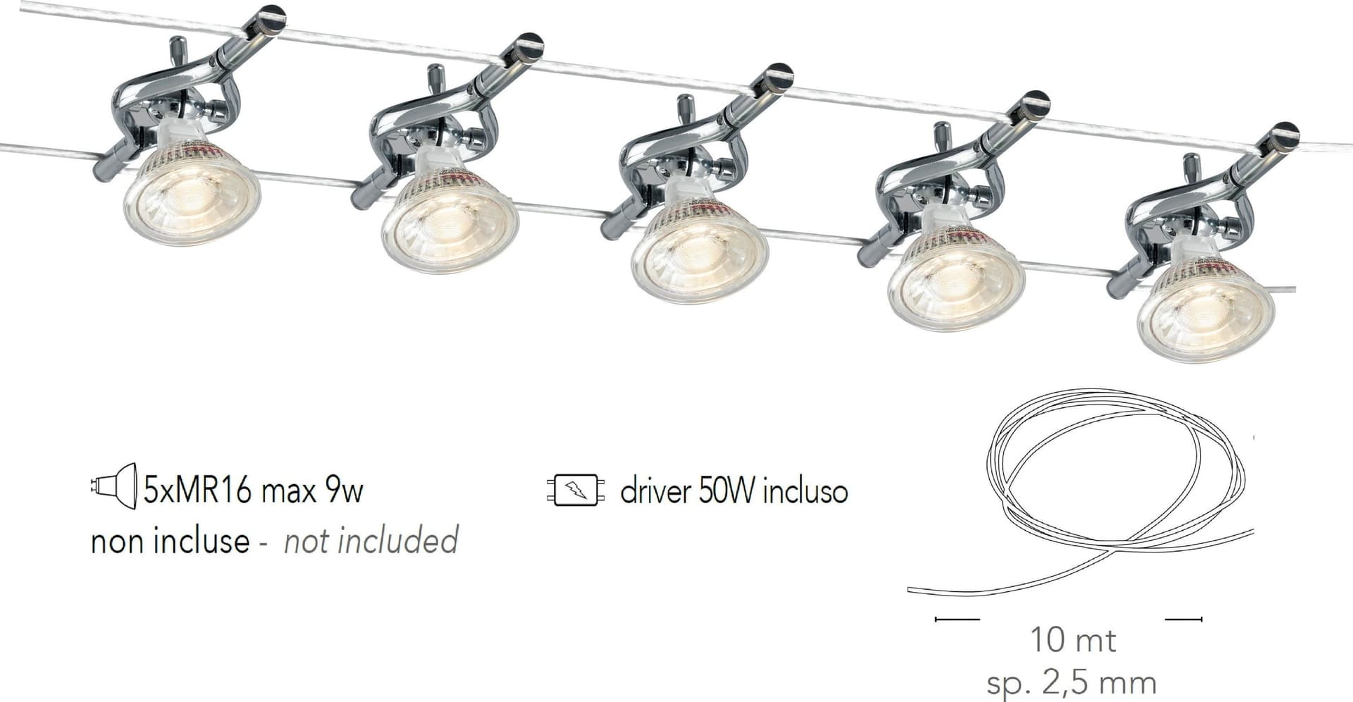 Sistema Cavi tesi METRO per applicazione led illuminazione da soffitto lampade appese 10 mt - 3