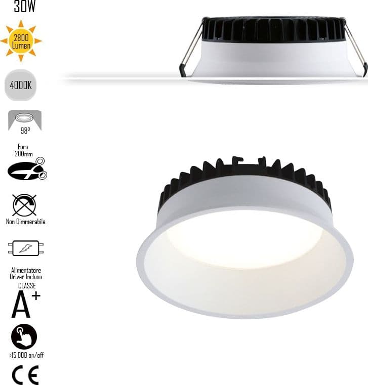 Lampada da incasso tonda in alluminio bianca pressofuso con Led  SMD integrato 4000K- 2700Lm30W