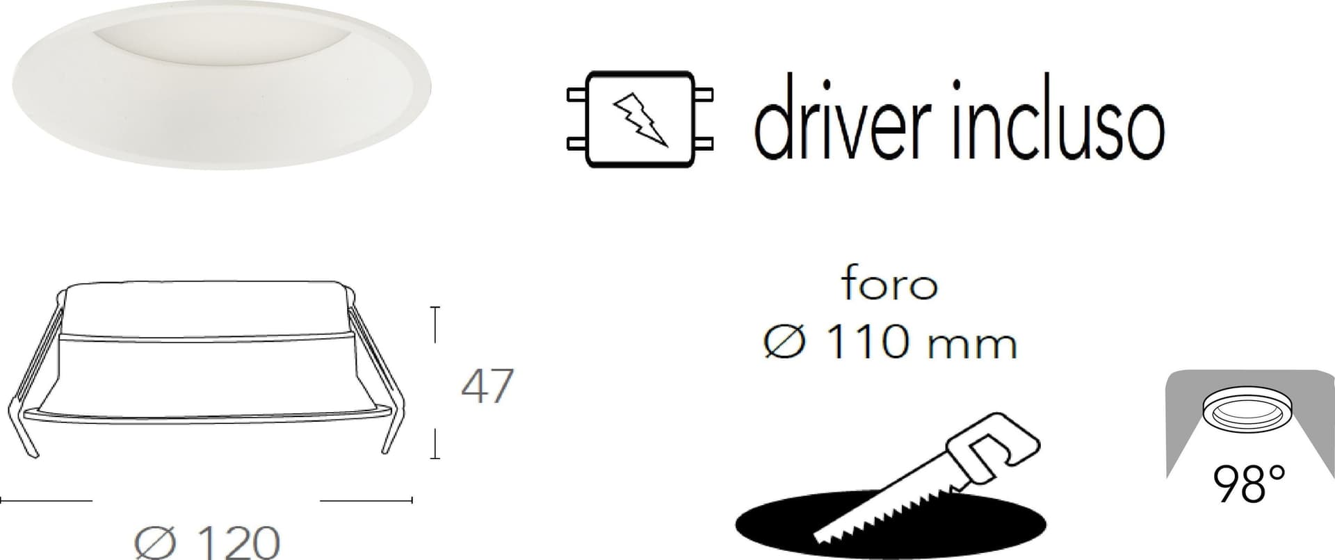 Lampada da incasso tonda in alluminio bianca pressofuso con Led  SMD integrato 5000K- 1000Lm12W - 2