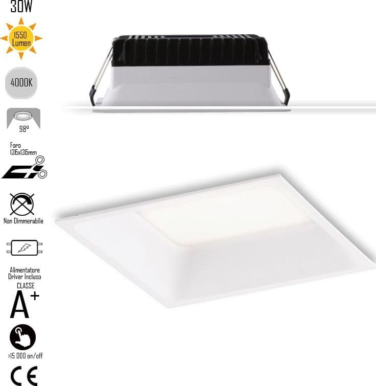 Lampada da incasso quadrata in alluminio bianca pressofuso con Led  SMD integrato 4000K- 1550Lm18W - 3