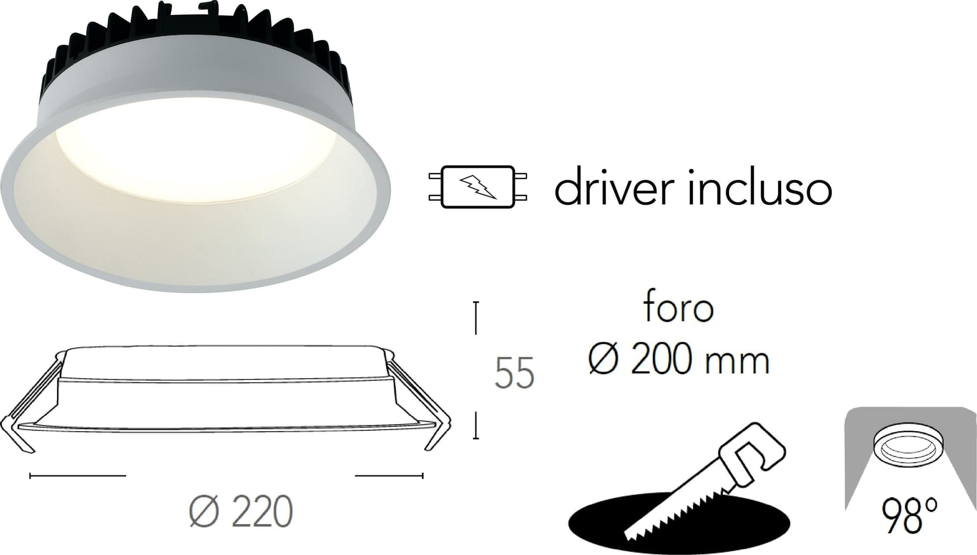 Lampada da incasso tonda in alluminio bianca pressofuso con Led  SMD integrato 3000K- 2700Lm30W - 2