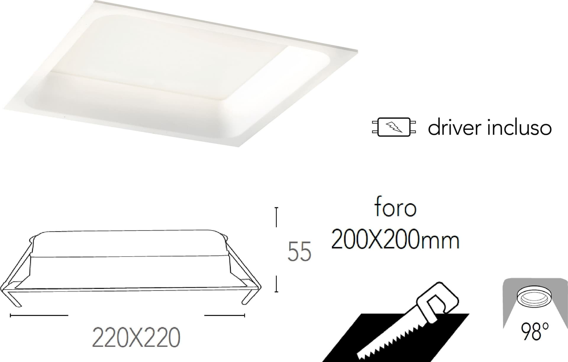 Lampada da incasso quadrata in alluminio bianca pressofuso con Led  SMD integrato 3000K- 2700Lm30W - 2