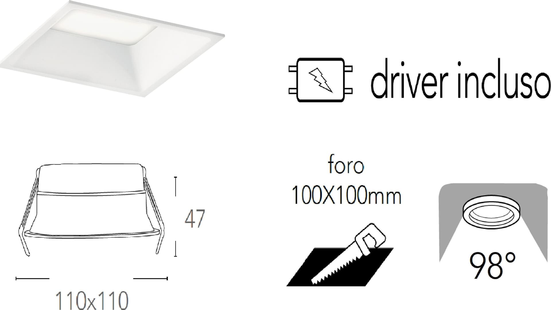 Lampada da incasso quadrata in alluminio bianca pressofuso con Led  SMD integrato 5000K- 1000Lm12W - 2