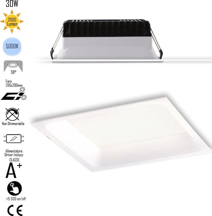 Lampada da incasso quadrata in alluminio bianca pressofuso con Led  SMD integrato 5000K- 2900Lm30W